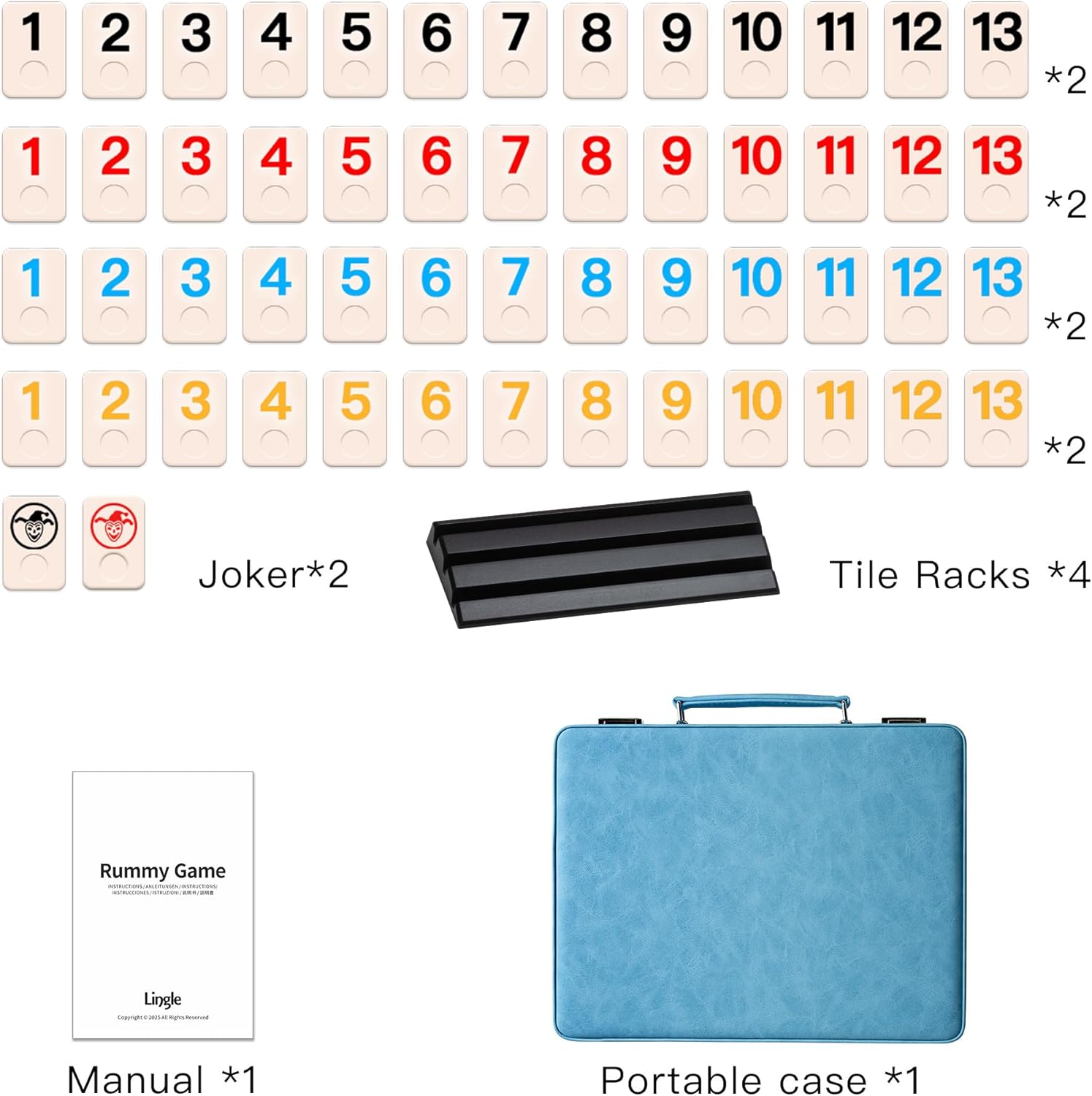 Rummy Game Set, 2-4 Players with 106 Rummy Tiles and 4 Racks, Rummy Travel Game Set with Faux Leather Case, Fun Family Classic Board Games (Blue)