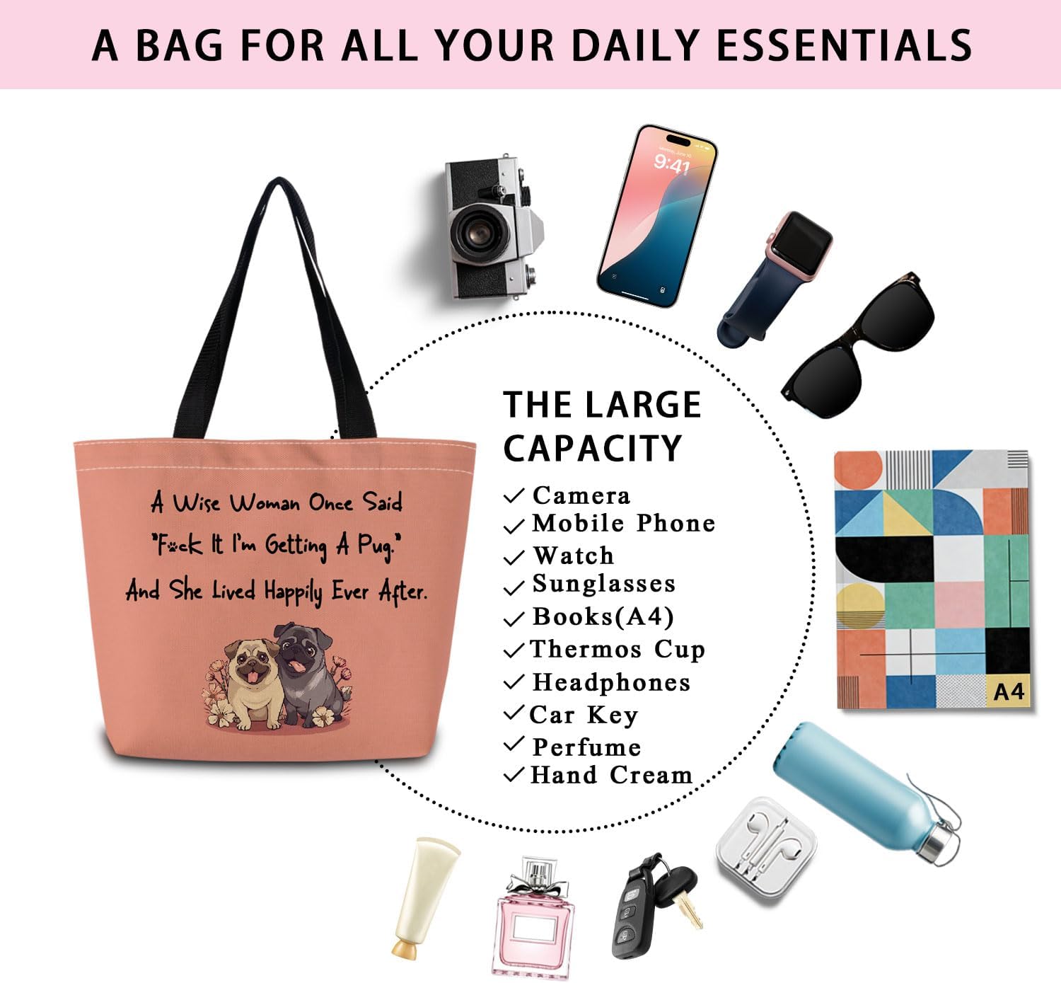 Wise Pug Mom Tote Bag Reusable Grocery Bags Aesthetic Shopping Shoulder Handbag with Interior Zipper Pocket Stylish Wise Pug Mom Present for Dog Lovers Women - Image 7