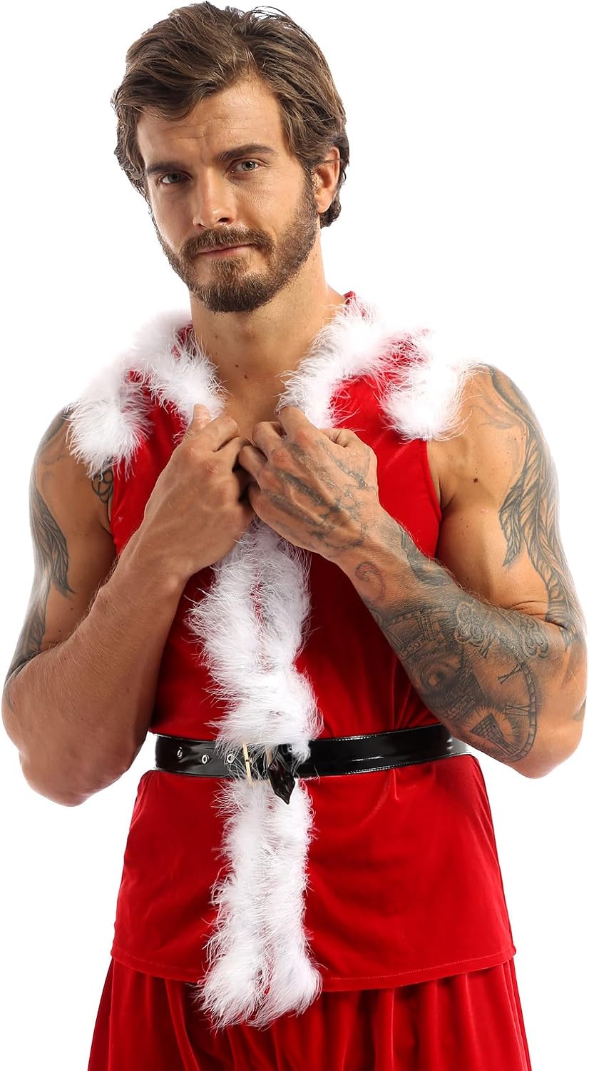 FEESHOW Men's Christmas Santa Suit Sleeveless Hooded Coat Tops with Boxer Shorts Xmas Holiday Party
