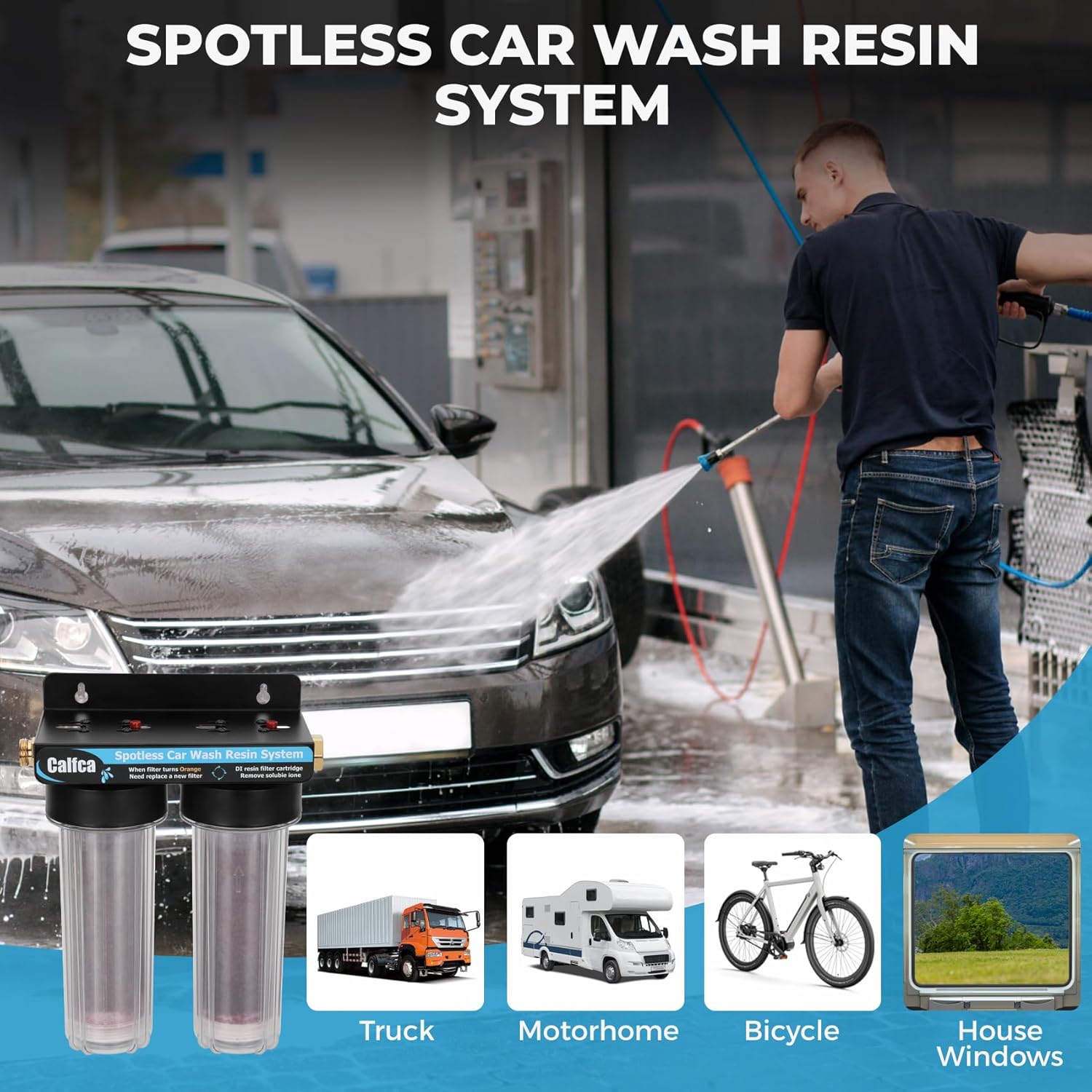 Spotless Water System for Car Wash - Water Deionizer for Car Washing for Hard Water Spot Removal, No Towel Drying for Cars, RVs, Motorcycles, Boats, Portable Deionized Water Filter for Garage/Campsite