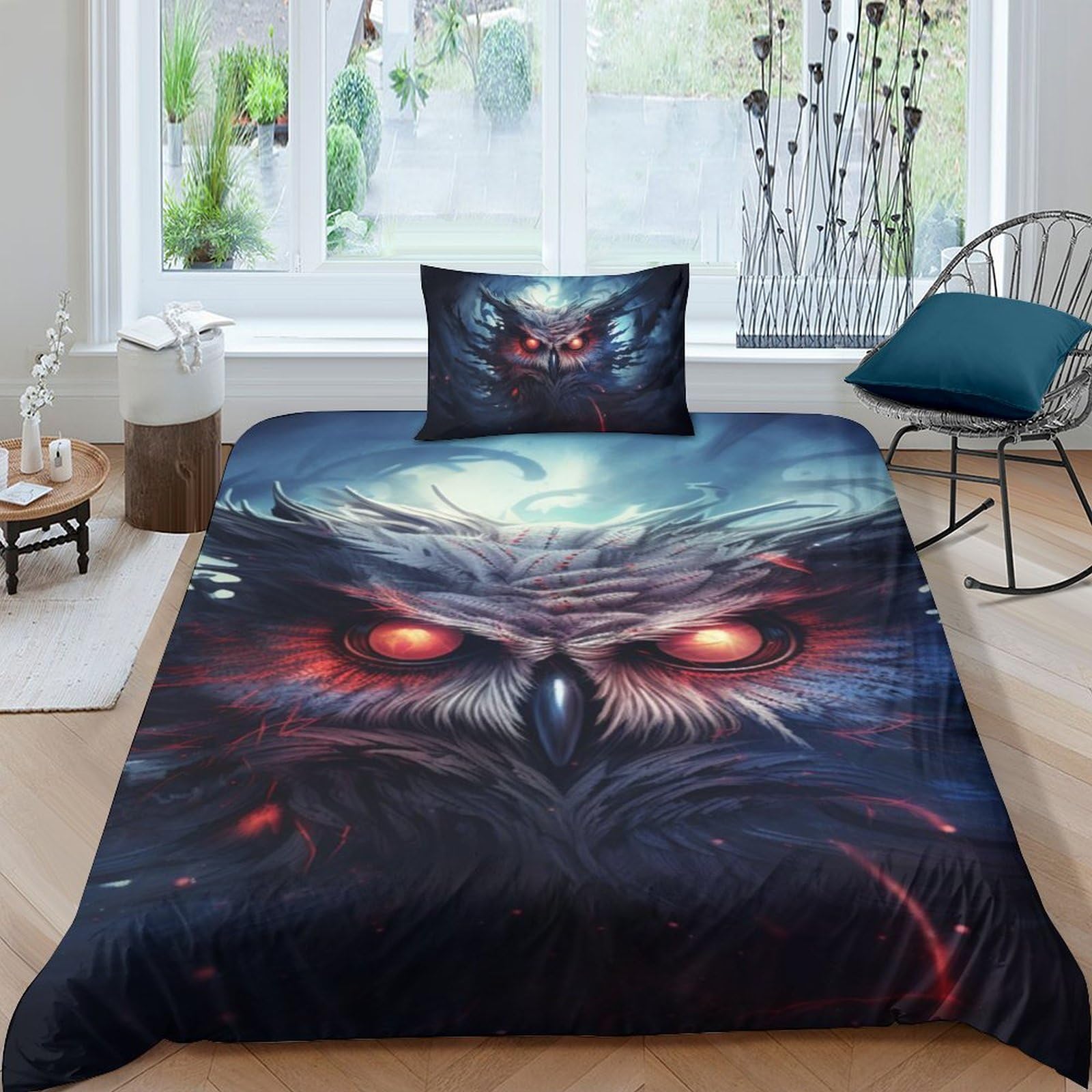 Housse de couette 135x200 cm anti-plis imprimé 3D hibou pour en finir avec le lit froissé