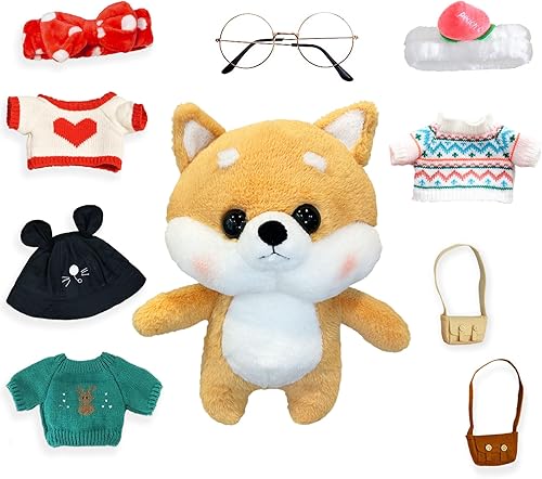 Lindo juguete de peluche Shiba Inu con 8 ropa de animales de peluche para perros y 1 vaso, lindo peluche de perro Corgi para niños y niñas (12