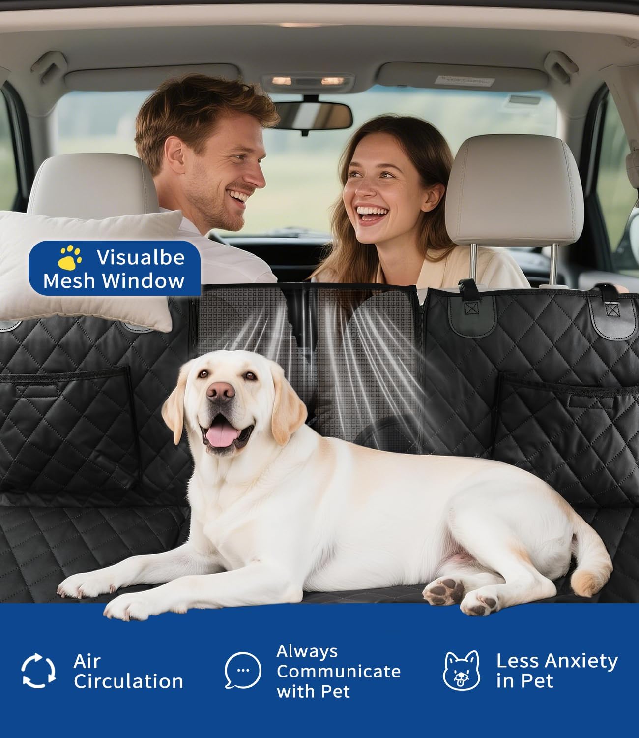 Dog Car Seat Cover Back Seat Extender for Dog Car Hammock Dogs Heavy Durable Waterproof with Mesh Window and Storage Pocket, Hard Bottom Holds 450LBS，SUV, Truck, BK-Faux Leather