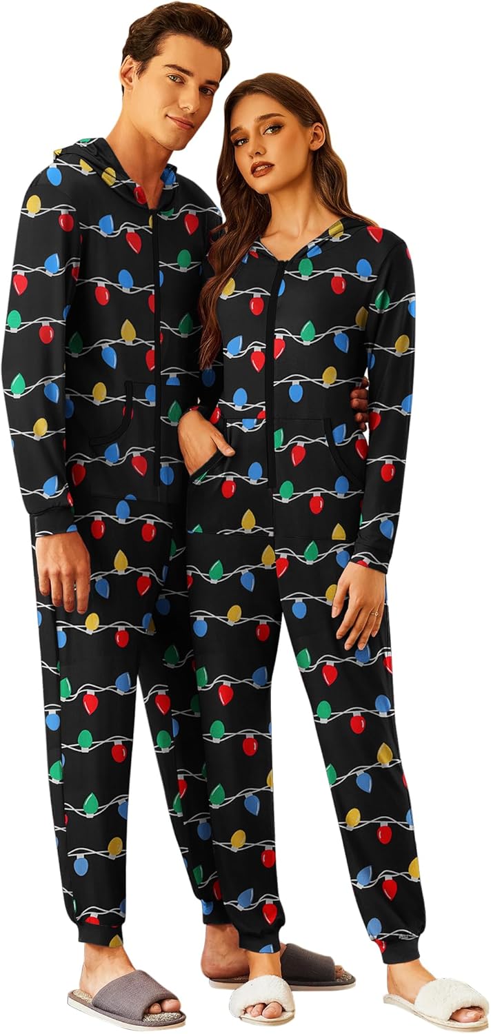 Ekouaer Christmas Matching Onesie for Couples Zipper One Piece Pajamas Adult Hooded Jumpsuit with Pockets