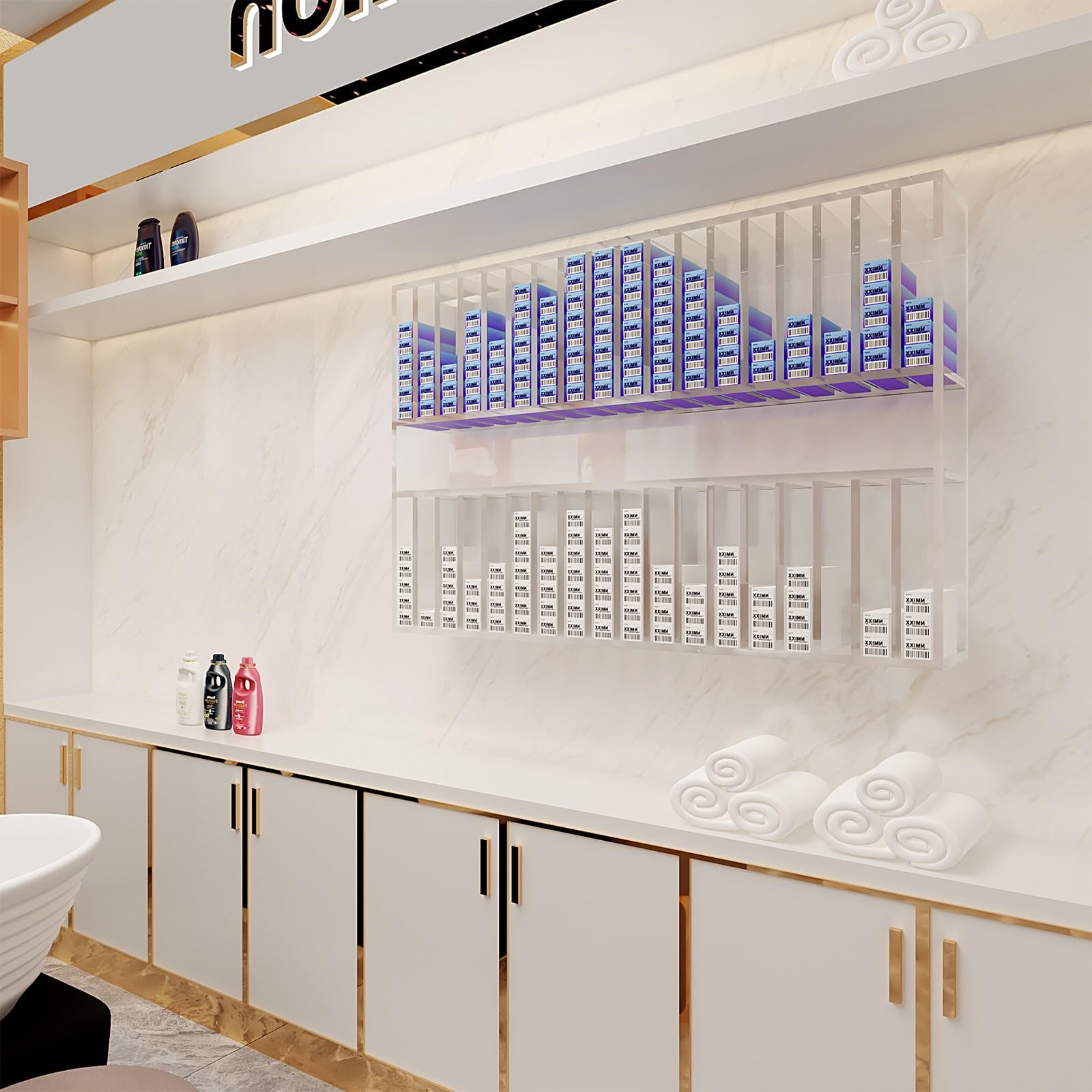 Stojak na Kosmetyki do Włosów, 2 Poziomowy Stojak na Kosmetyki do Włosów, ścienny Stojak na Kosmetyki do Włosów, do Salonu Kosmetycznego, Domowego Spa(White,80x20x110cm/32x8x43in)