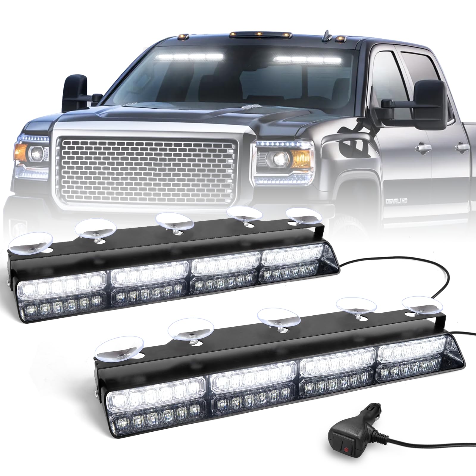 HLauto6Z4J Dash Emergency Strobe Lights, 2 x 16.8 Inch White Safety Lights, 48 LED Flashing Hazard Warning Lights Interior Windshield Traffic Light Bar for Trucks Construction Vehicles