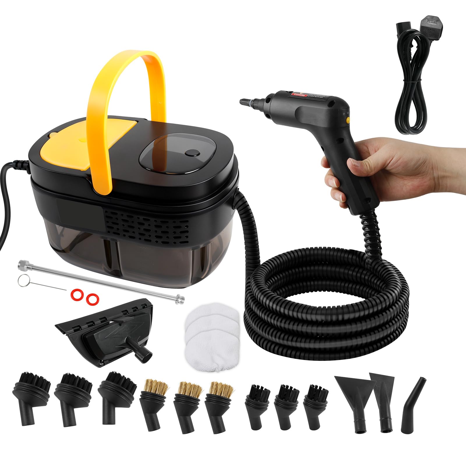 Pulitore a vapore portatile da 2500 W con serbatoio da 1600 ml e 3 livelli di temperatura Pulitore a vapore pressurizzato ad alta temperatura per auto, finestre, cucina, pavimenti e mobili (EU,1)