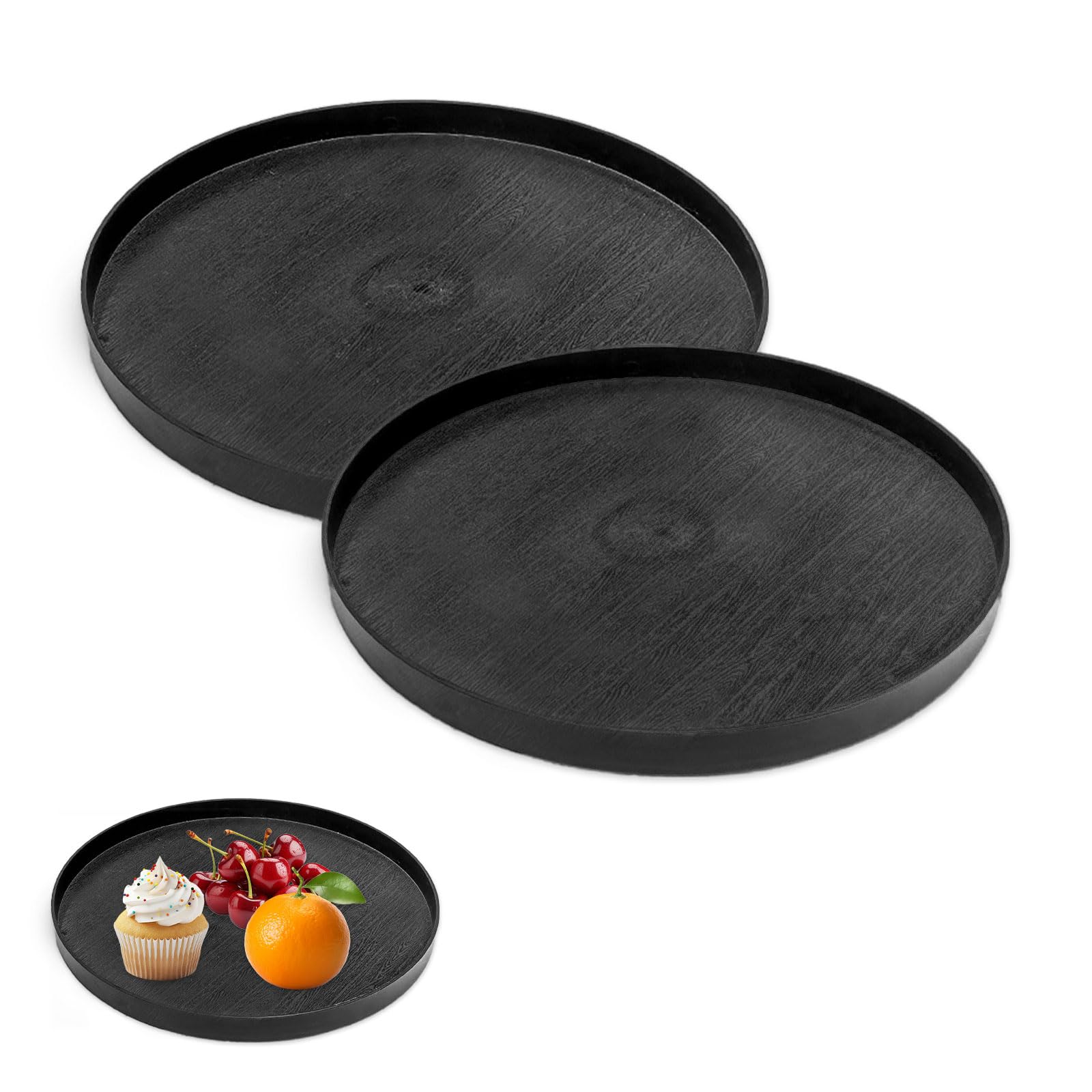 Luckwaii Black Round Tray Decorative 30cm with 3 Raised Edges, 2Pcs Plastic