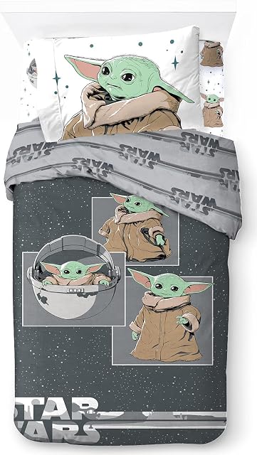 Jay Franco Star Wars The Mandalorian Curious Child 100% Cotton 3 Piece Single Bedding Set - Includes Duvet Cover, Fitted Sheet & Pillowcase