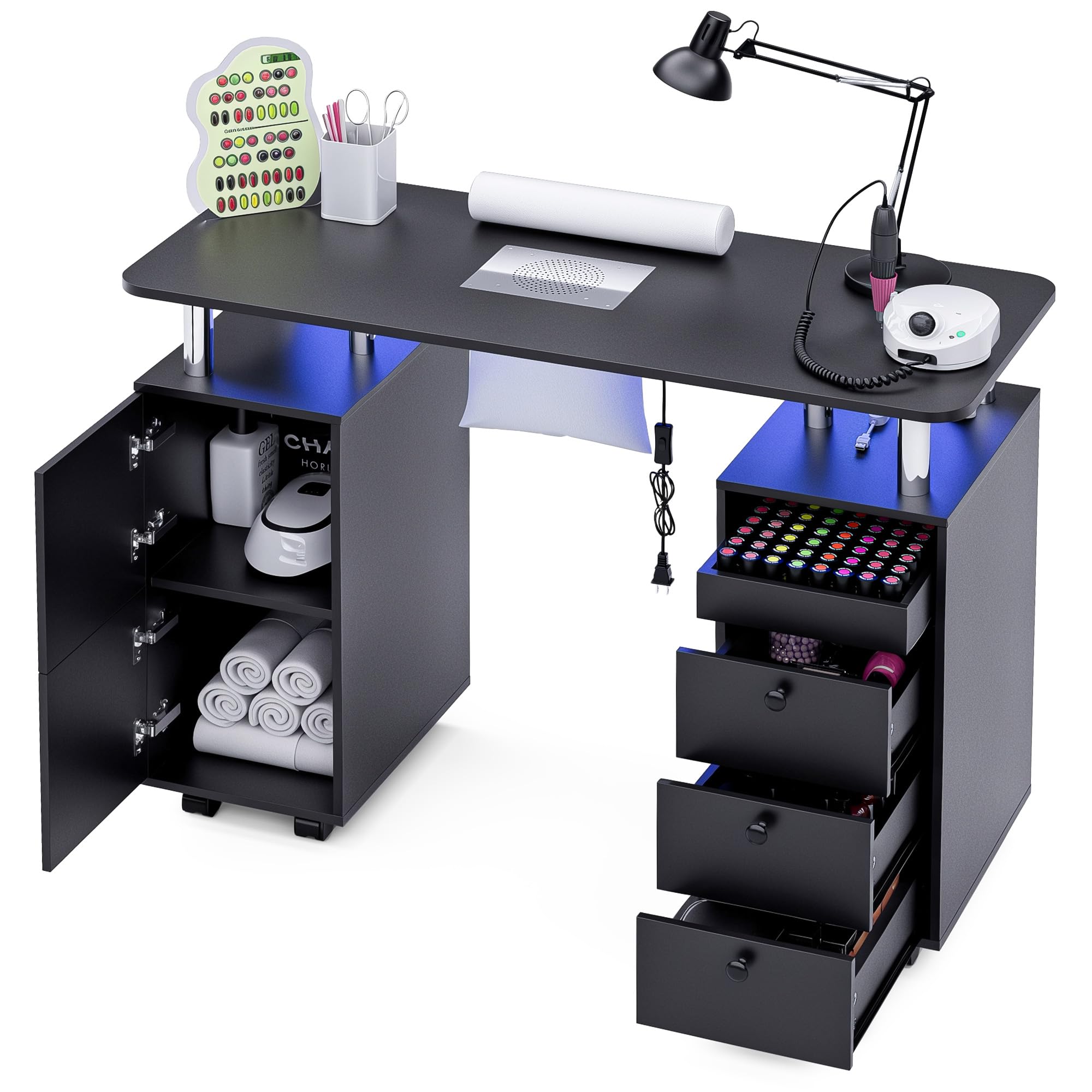 Nail Desk for Nail Tech w/Electric Dust Collector, Rolling Manicure Table w/Lockable Wheels, Storage Drawers, Wrist Cushion, Acetone Resistant, for Nail Beauty Salon Workstation (Black)