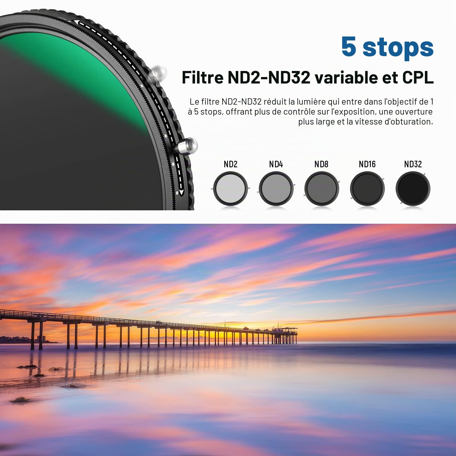NEEWER 2 en 1 67mm Filtre ND variable ND2–ND32 et filtre CPL (polariseur circulaire) Sans croix en X / Revêtement nano 30 couches / Verre optique HD / Hydrofuge / Résistant aux rayures