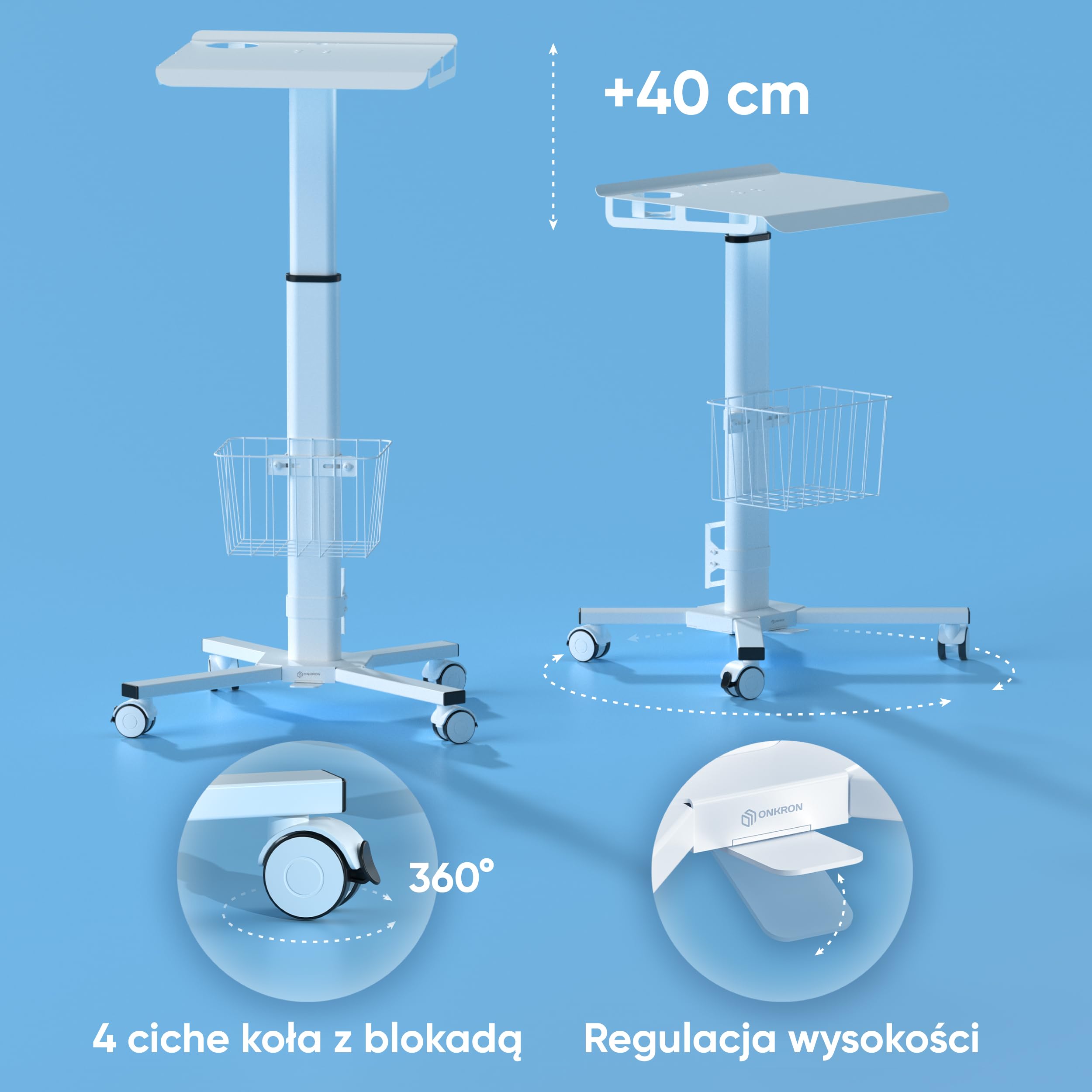ONKRON Małe biurko z kółkami, optymalne obciążenie 8 kg, stolik na kółkach, stacja robocza z regulacją wysokości, stolik do laptopa, regulowane biurko mobilne na rolce, białe LMG30-W