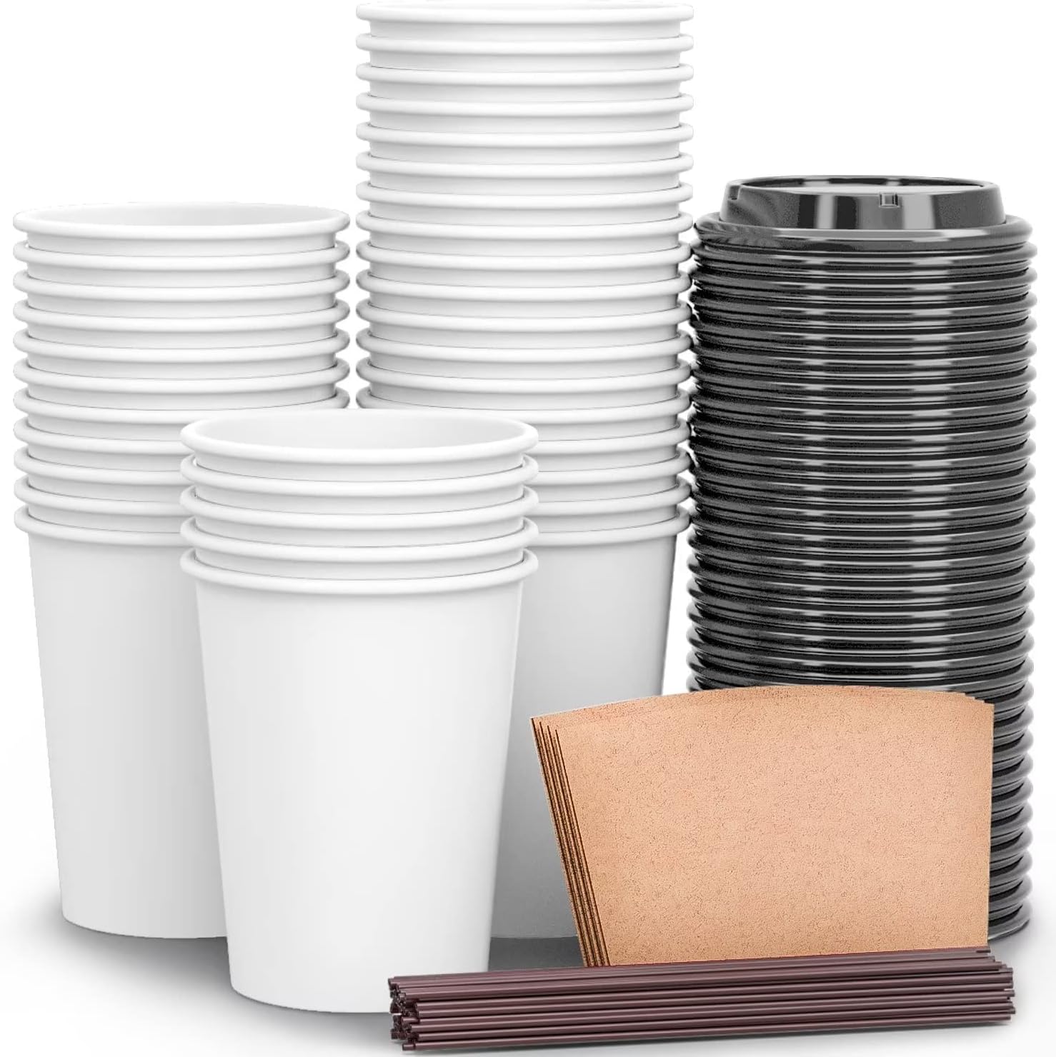 Luckypack Disposable Coffee Cups To Go with Travel Lids Sleeves and Straws 100% Biodegradable & Compostable Pla Eco Friendly Paper Coffee Cups 100 Sets of 12 oz