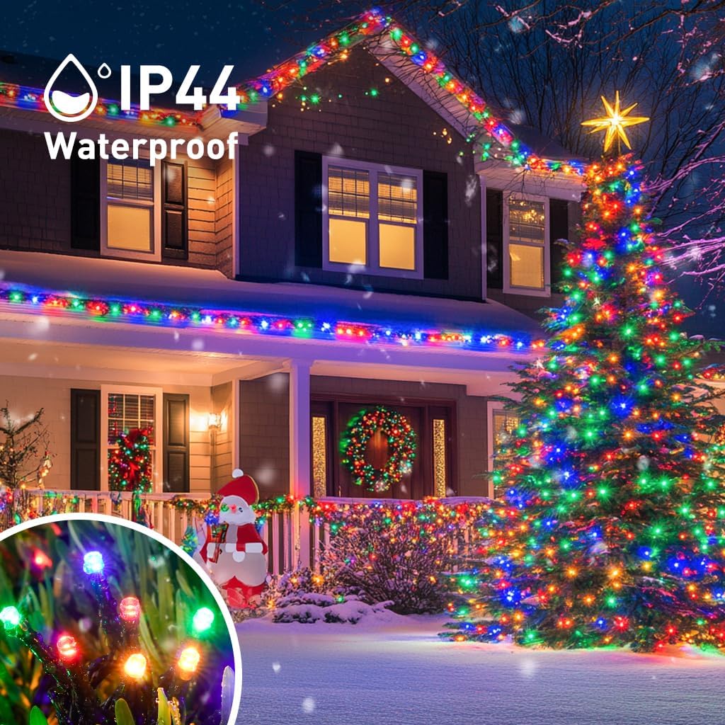 House decorated with multicolor Christmas lights, showing IP44 waterproof rating