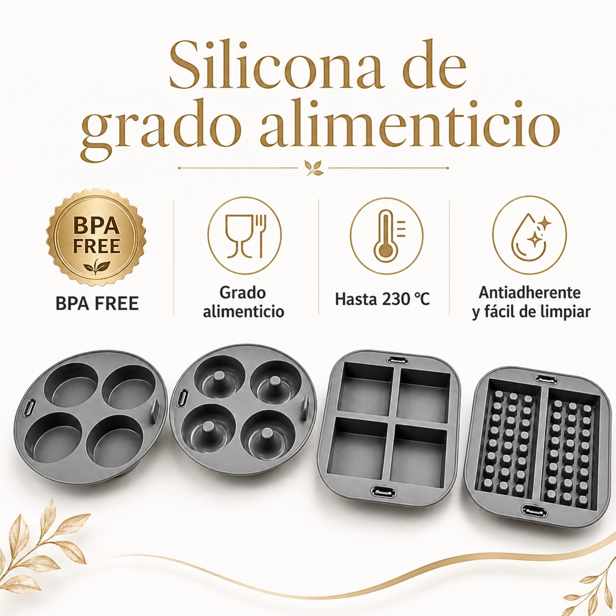 Set 4 moldes silicona freidora de aire – Accesorios air fryer reutilizables con molde cupcakes, donuts, brownies y gofres – Moldes antiadherentes sin BPA, aptos horno y lavavajillas