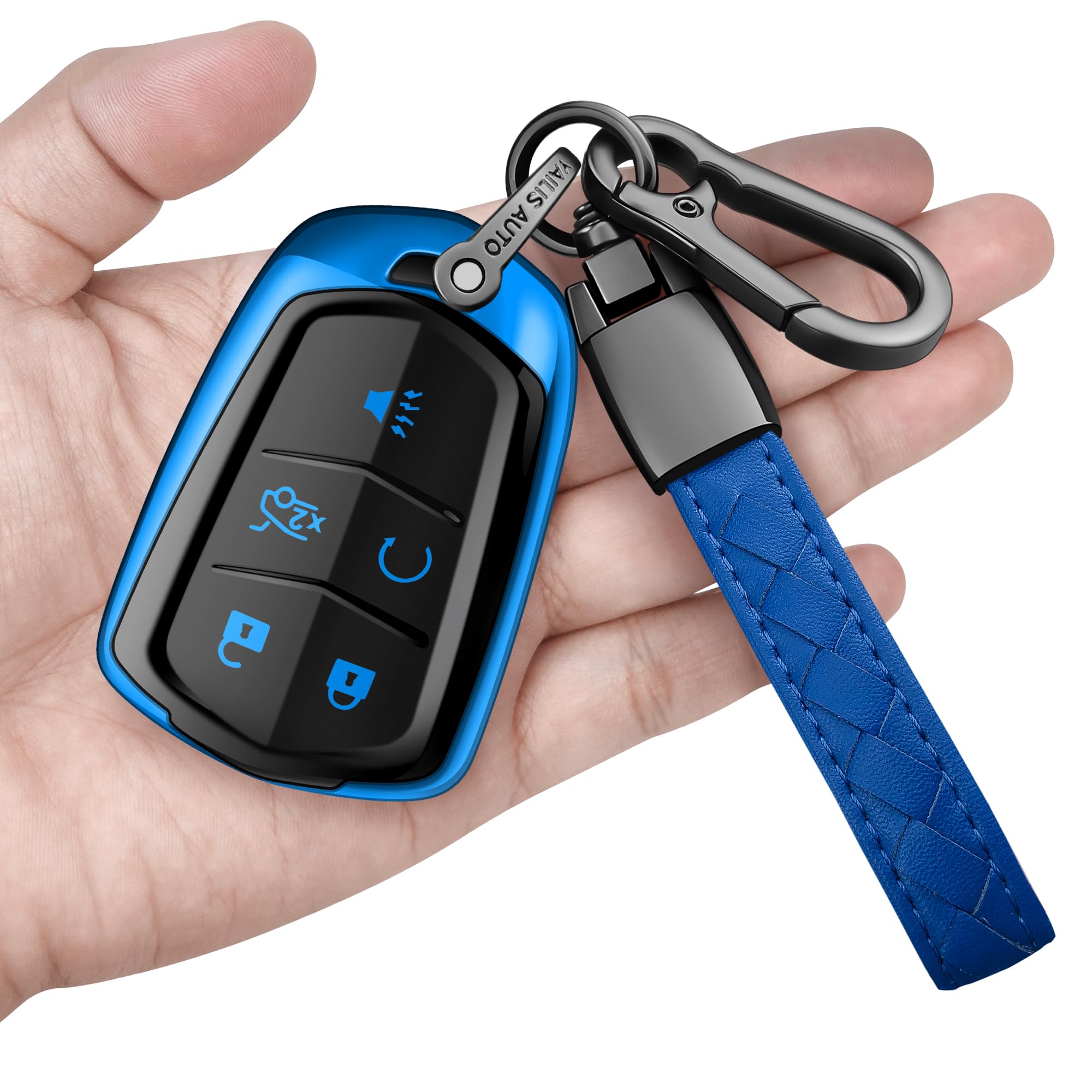 Sindeda for Cadillac Key Fob Cover with Keychain Soft Full Protection Key Shell Key Case Compatible with 2015-2019 Escalade, CTS, SRX, XT5, ATS, STS, and CT6 Smart Key (Blue, 5 Buttons)