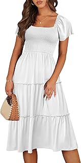 Women Summer Casual Square Neck Flutter Sleeve Boho Smocked A-Line Flowy Tiered Modest Midi Sun Dress with Pockets