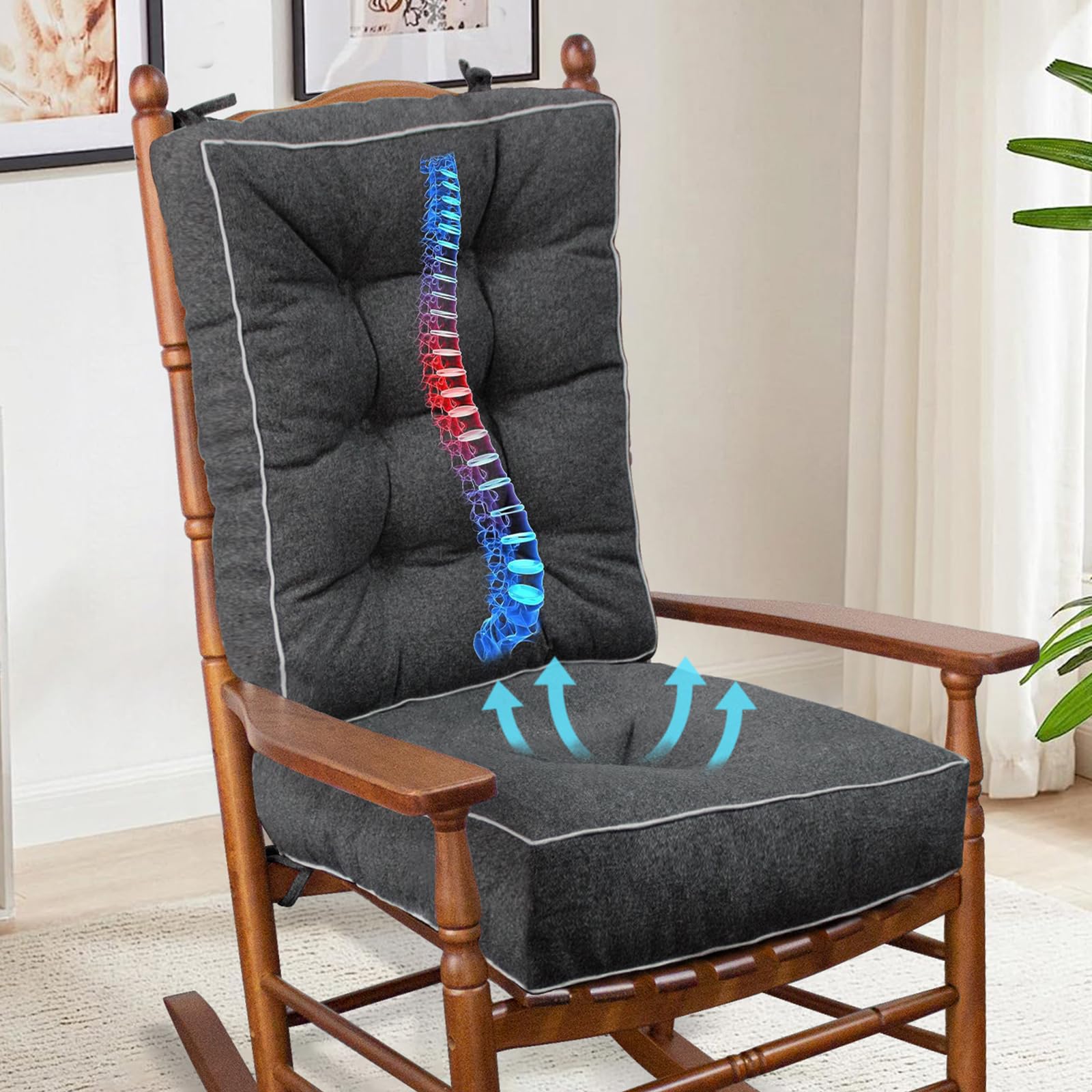 YZ HOME Rocking Chair Cushion, Set of Thicken Seat & Back Chair Cushions with Memory Foam, Non-Slip Chair Pad with Ties for for Indoor&Outdoor Rocker,