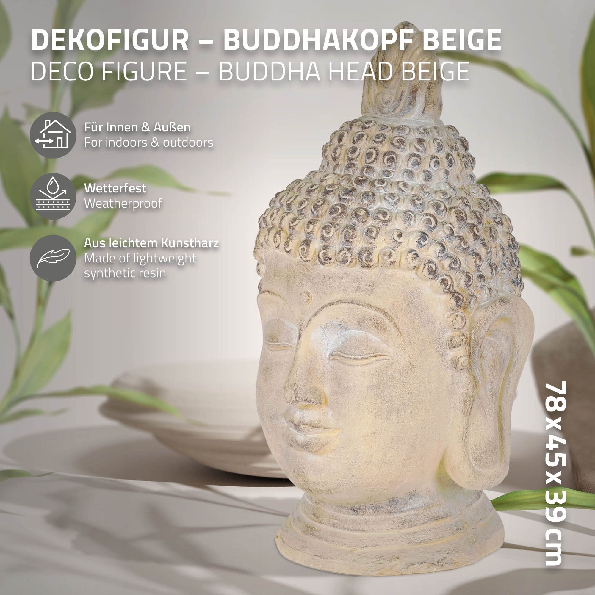 ECD Germany Figurka Buddy, 78 cm, beżowy/szary, sztuczny kamień z żywicy poliestrowej, głowa statuetka rzeźba dekoracyjna Feng Shui, figurka ze sztucznego kamienia, dekoracja ogrodowa, Azja, obiekt