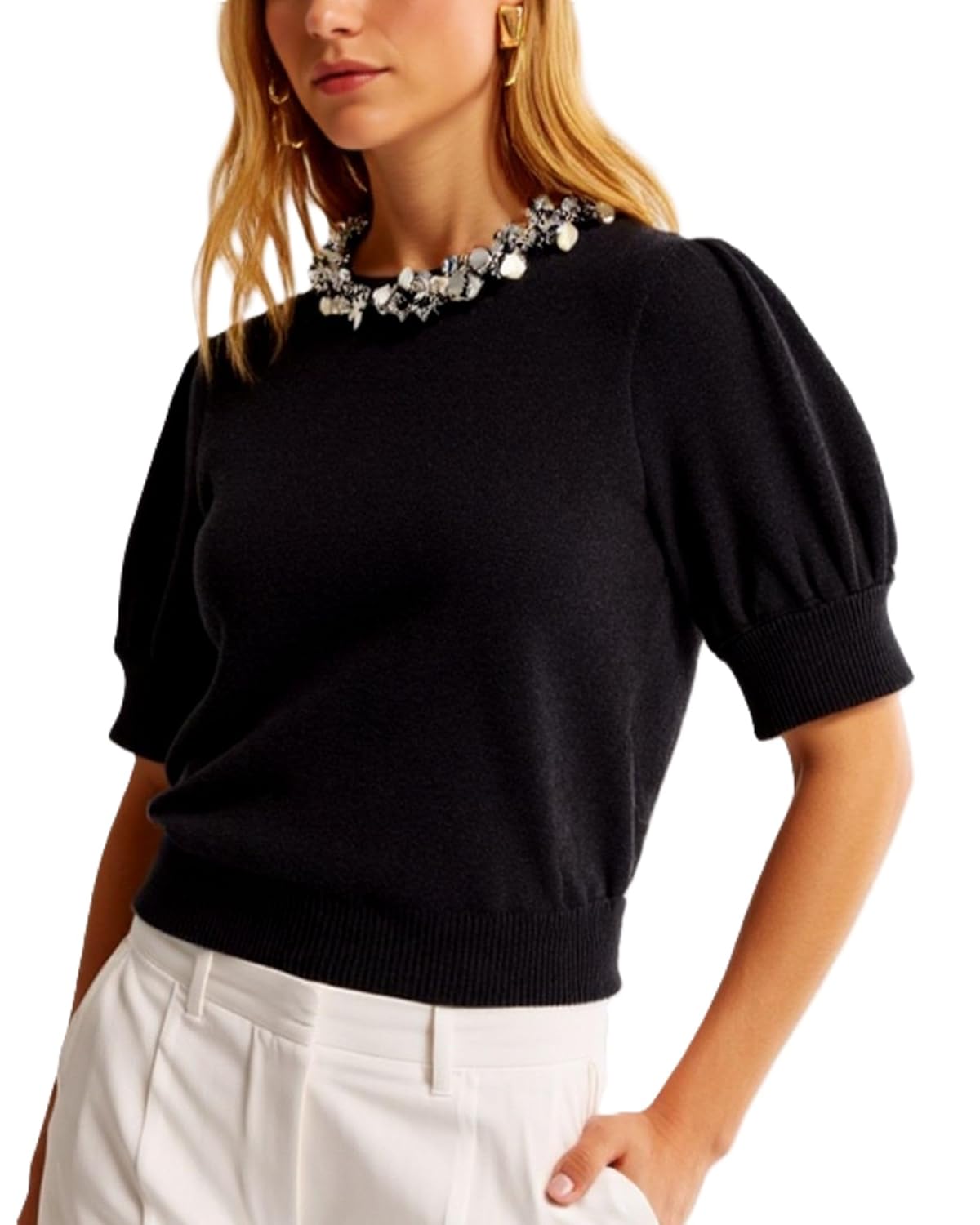 Womens Dressy Silver Sequins Neckline Embellishment Short Sleeve Sweater