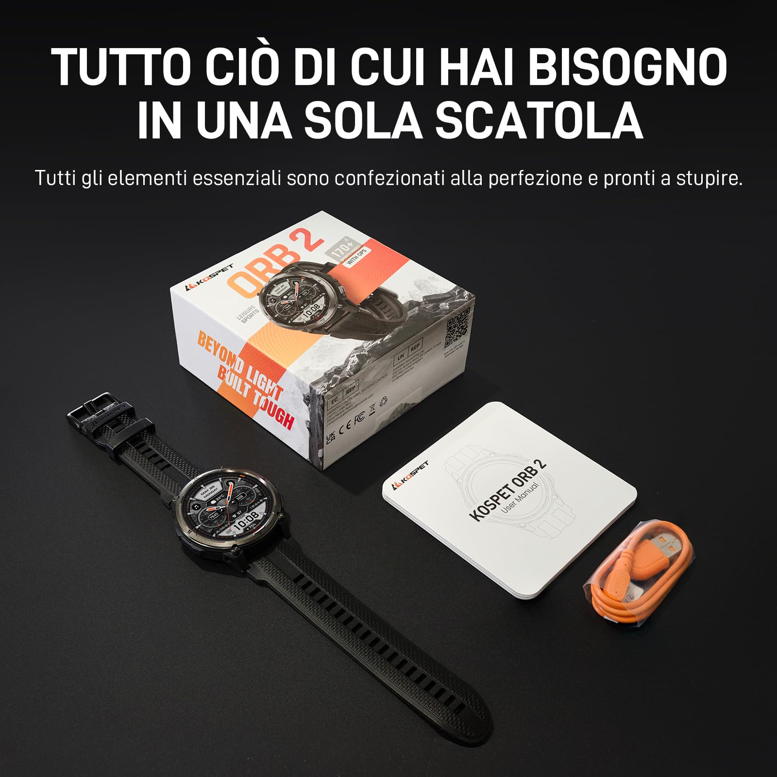 KOSPET ORB 2 Smartwatch uomo Rugged, GPS Dual-band, Impermeabile IP69&5ATM | Batteria da 500mAh, Torcia LED Integrata, 170+ Modalità Sportive, Monitor della Salute, Compatibile con Android & iPhone Nero