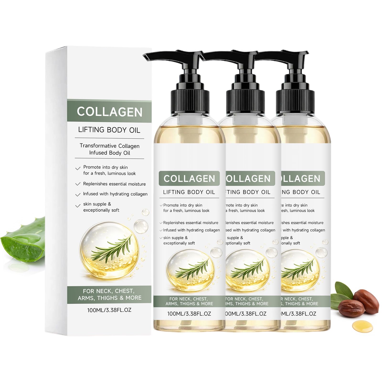 Olio per il corpo sollevante al collagene dopo la doccia, con formula idratante e rassodante ad assorbimento rapido, per collo, braccia e cosce. Texture setosa per una pelle (3PCS)