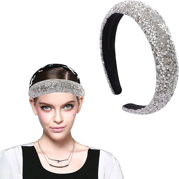 Cutewing Sliver Sparkle Headband for Women Fashion Wide Headband Glitter Sequin Headbands Comfortable High Elastic Head Band Hair Hoop Hair Accessories for Womens