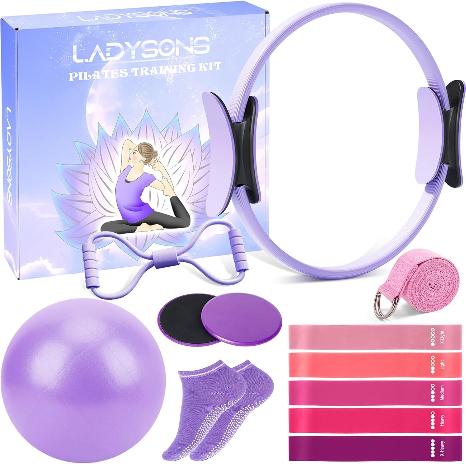 Ensemble de bagues Pilates - Pilates Essential Kit avec 32 cm Magic Circle, Pilates Ball, Pilates Bänder, Sliding Disks & Training Poster etc., équipement de fitness pour la maison, accessoires