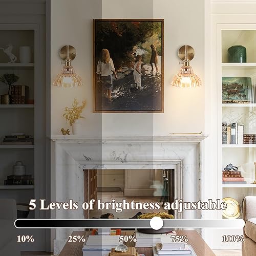 Miniatura 6 de Juego de dos apliques de pared vintage que funcionan con pilas, para interiores, no cableados, de latón y vidrio ámbar, luces de pared RGB