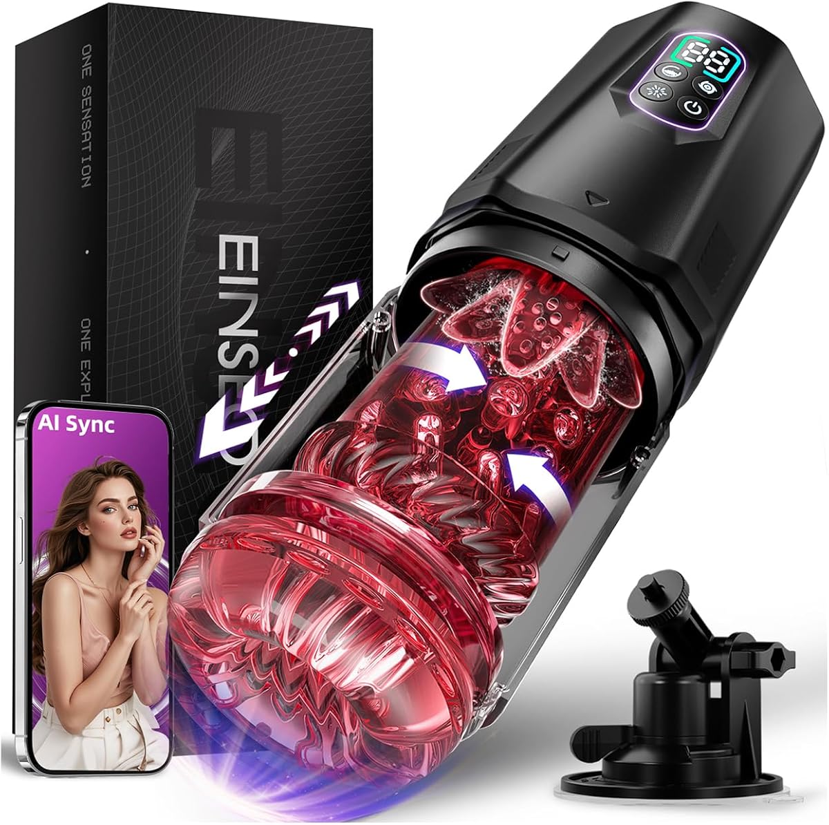 EINSEO Male Sex Toys for Men - AI Sync Male Masturbator Stroker Adult Toys with 7 Thrusting & Rotating 7 Licking & Vibrating Modes, Hands-Free Sex Machine Pocket Pussy with One-Click Burst for Man