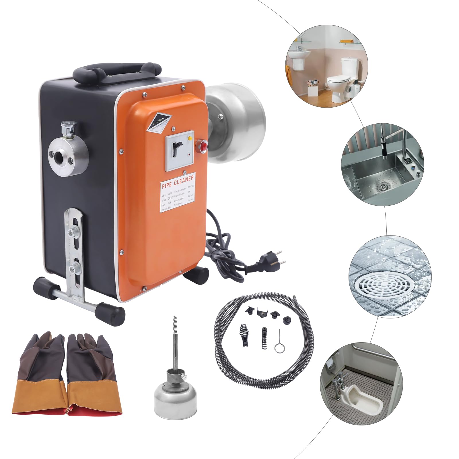 Limpiador de tuberías de 750 W, velocidad de limpieza de 400 rpm, espiral eléctrica, limpieza de tuberías para tuberías de 20 – 150 mm, inodoro, alcantarillado, bañera, fregadero de cocina, con