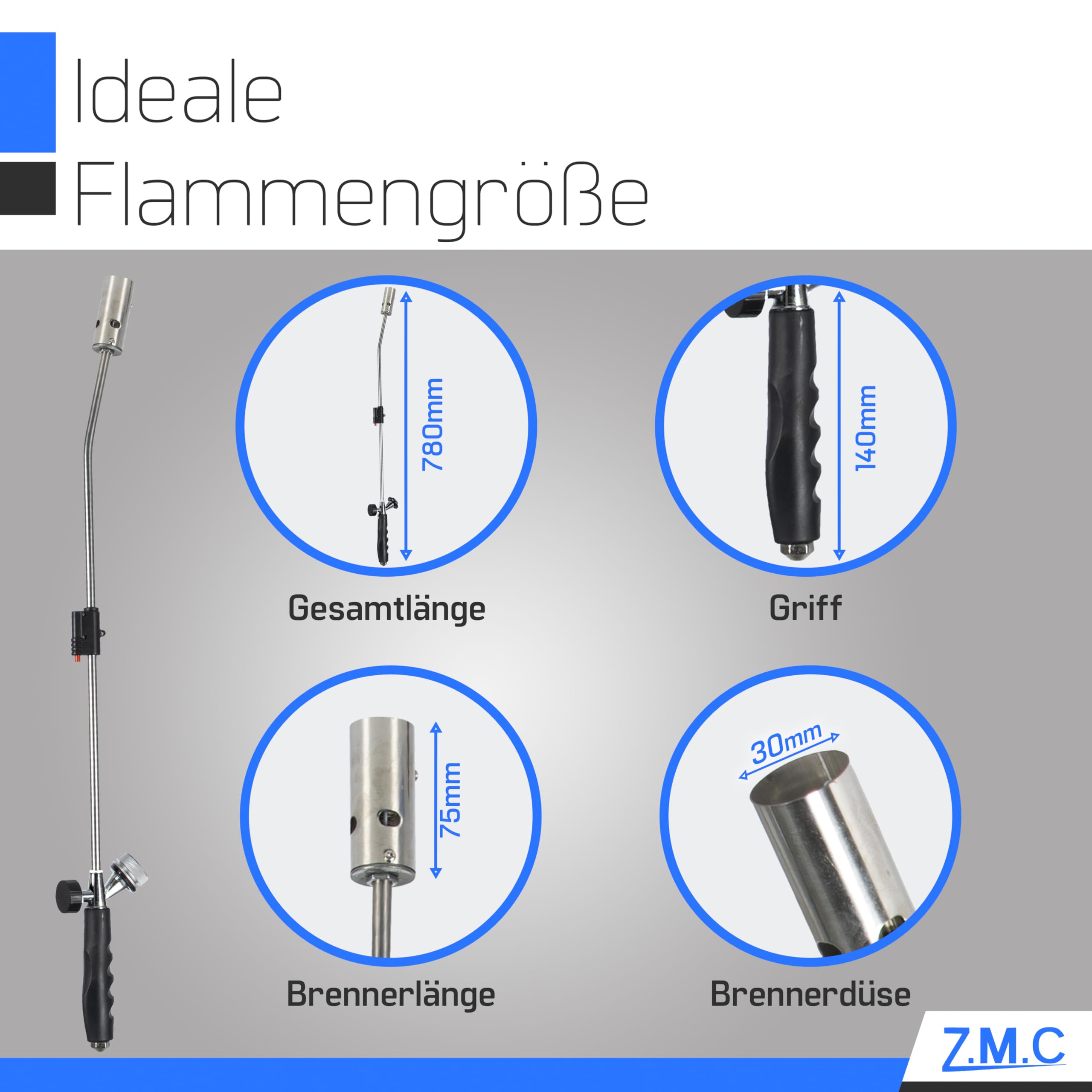 ZMC - Herbicida de 2,5 kW + 4 cartuchos de gas de 330 g, incluye adaptador para rosca europea, quemador de malas hierbas con encendido piezoeléctrico, dispositivo de combustión con potencia de llama
