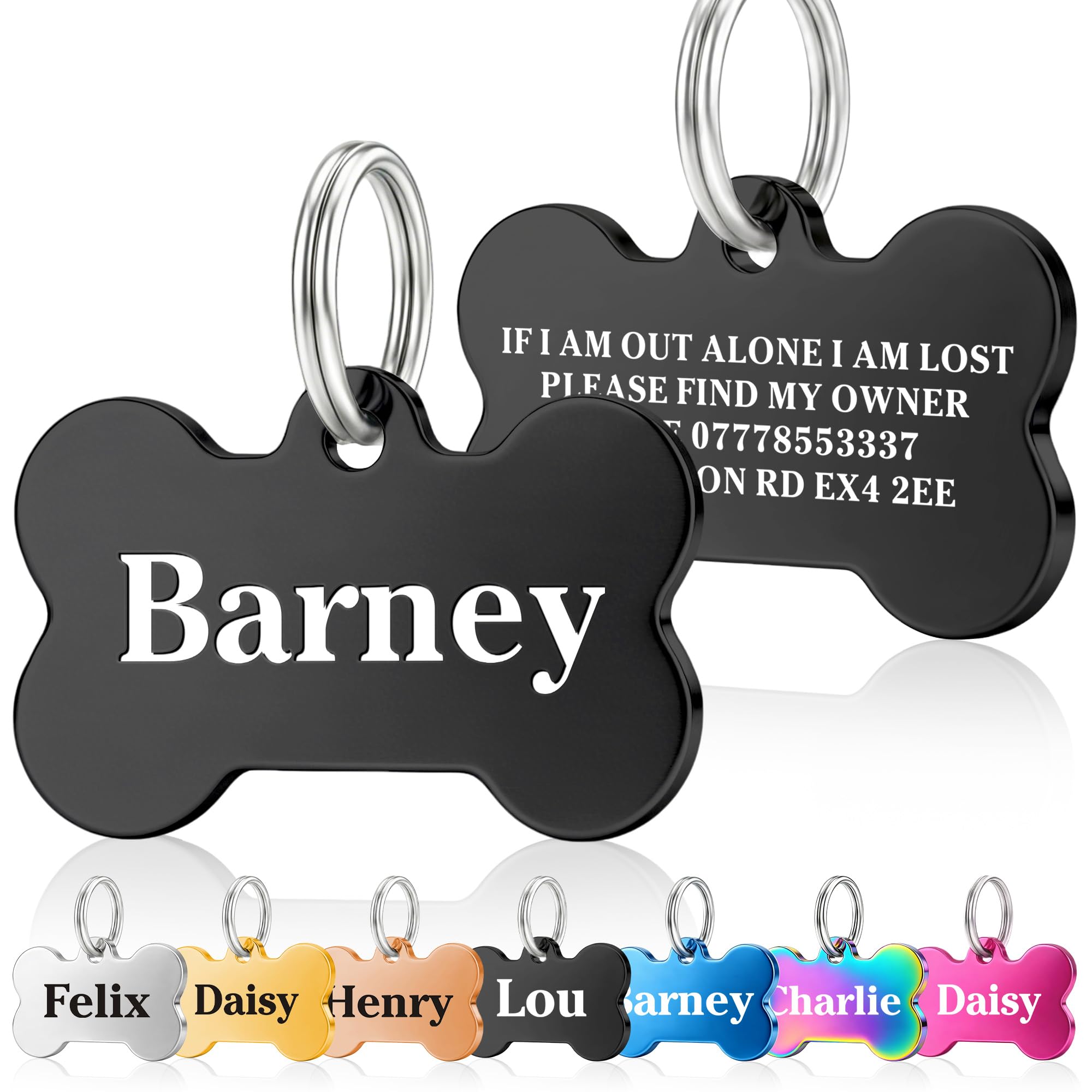 Personalised Engraved Dog Tag ID Name Tags for Cat Puppy Pet Collar Tag (Black(Bone), S) โ image 1