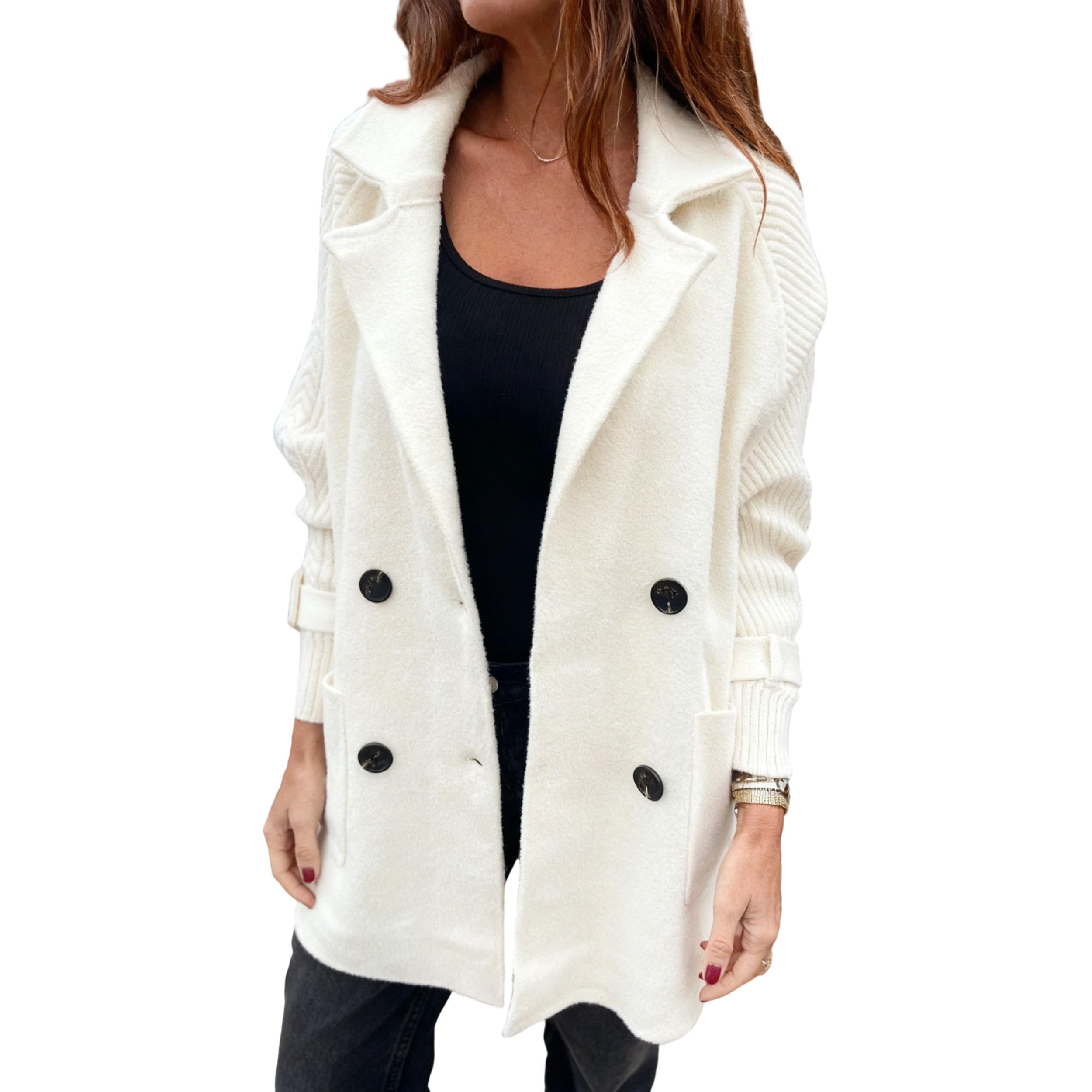 Cappotto invernale casual da donna in maglia, doppiopetto, con revers a lancia, vestibilità comoda