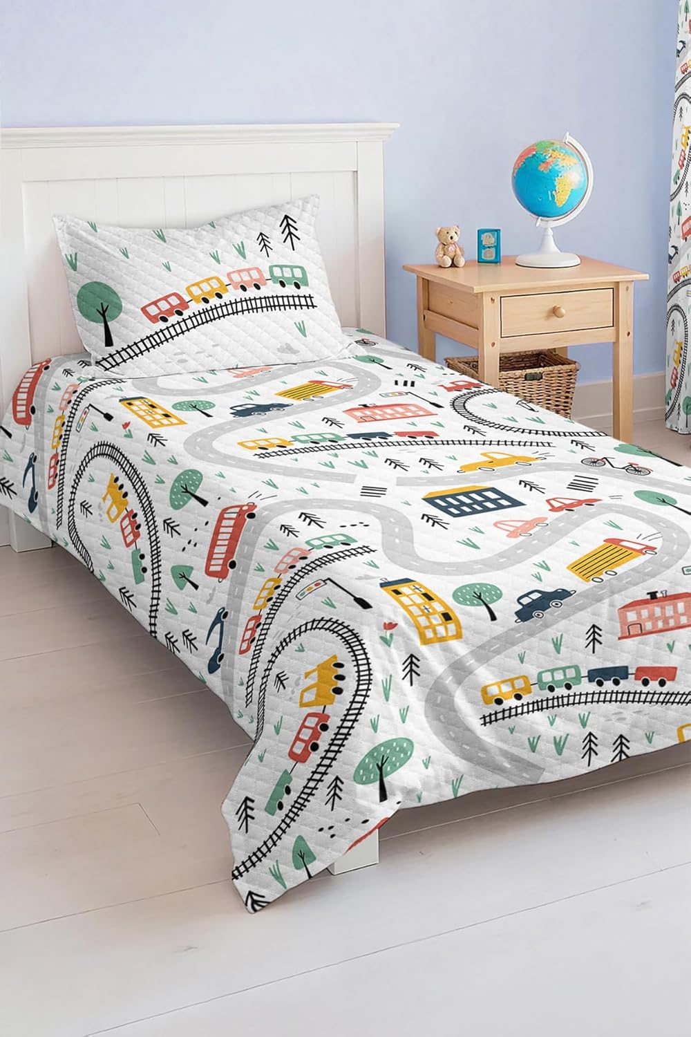 SODEF Single Quilt Set Vibrant Vehicle Pattern Kids and Teens Room Bedspread Cover, 2 Piece Cotton Polyester Blend - Multicolor, One Size