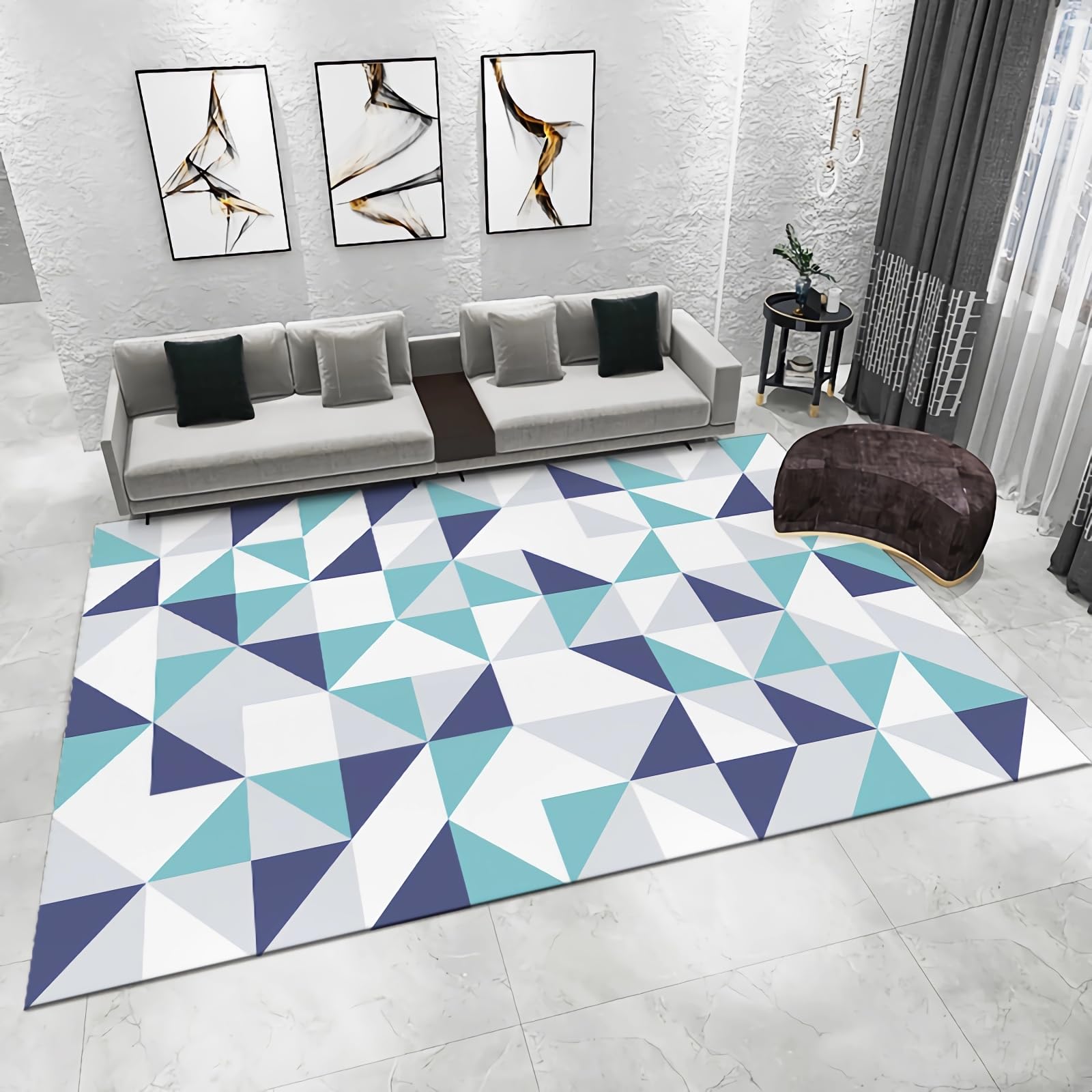 Tapis doux pour salon motif triangle géométrique bleu gris 200x300