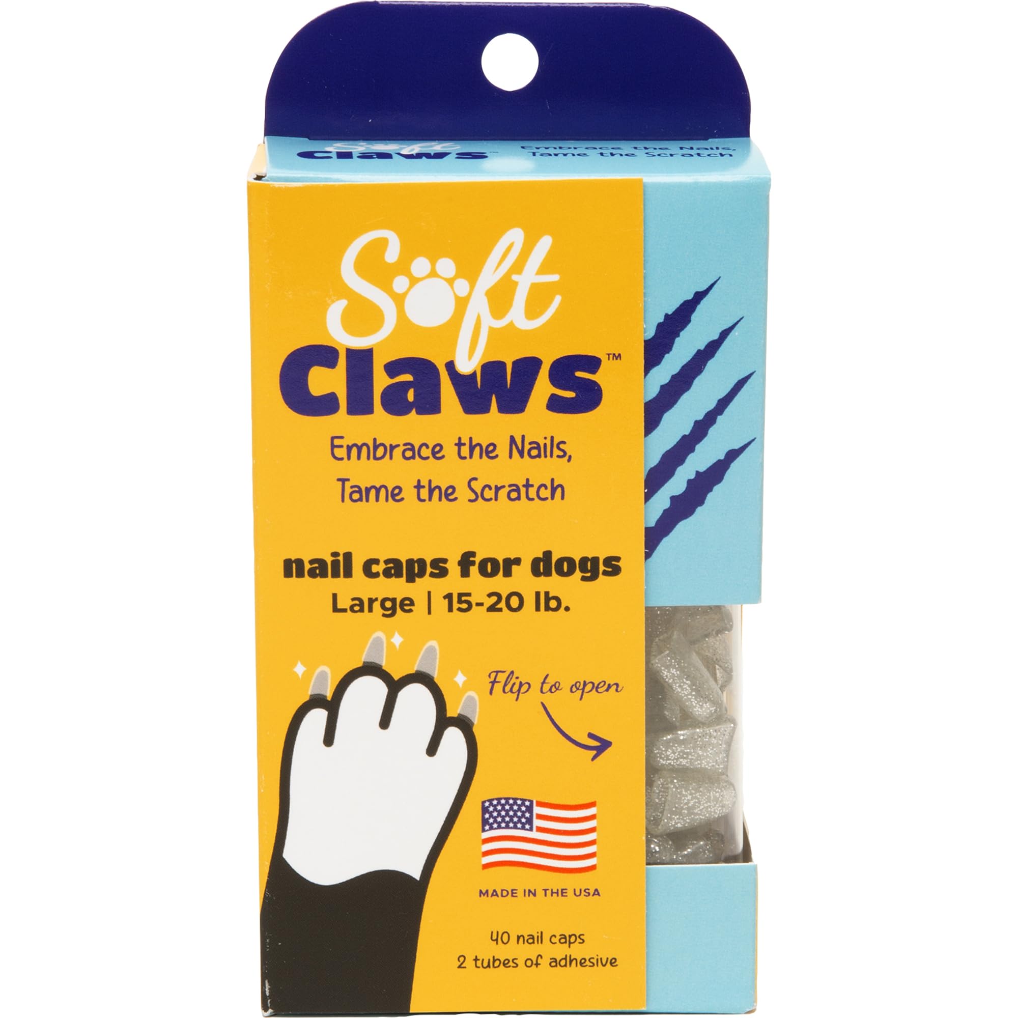 Soft Claws Dog Nail Caps, 40 Large Nail Caps, Made in USA - Vet Developed, Safe & Non-Toxic Easy to Apply Claw Covers | Protects Furniture & Skin, Silver Sparkle