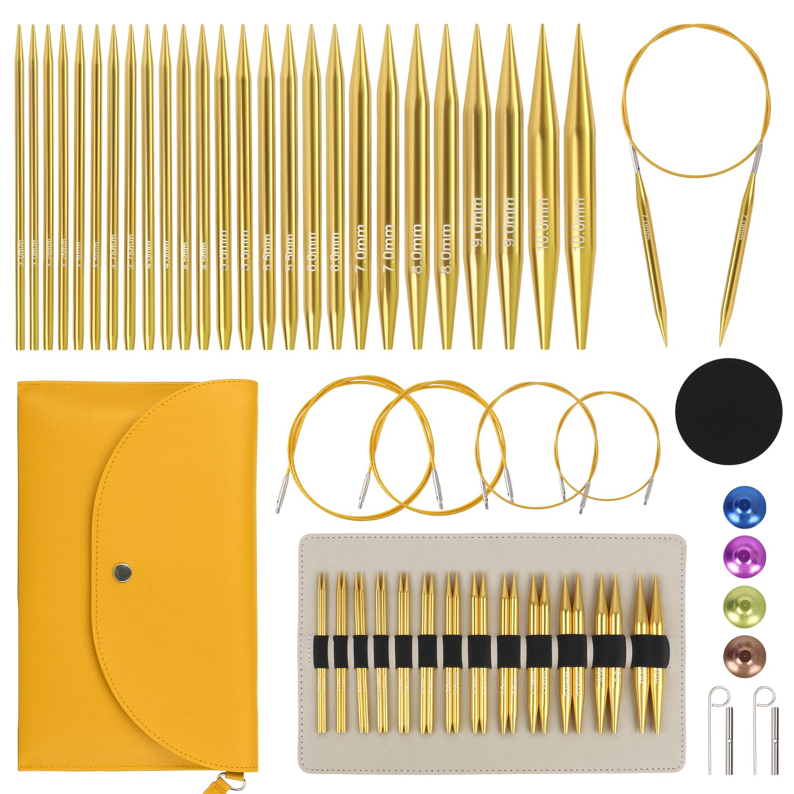 Reessy Interchangeable Circular Knitting Needles Set, 13 Pair of Aluminum Round Knitting Needle 3mm-10mm, Circular Knitting Needle Set with Case & Accessories for Beginners Adults-Golden