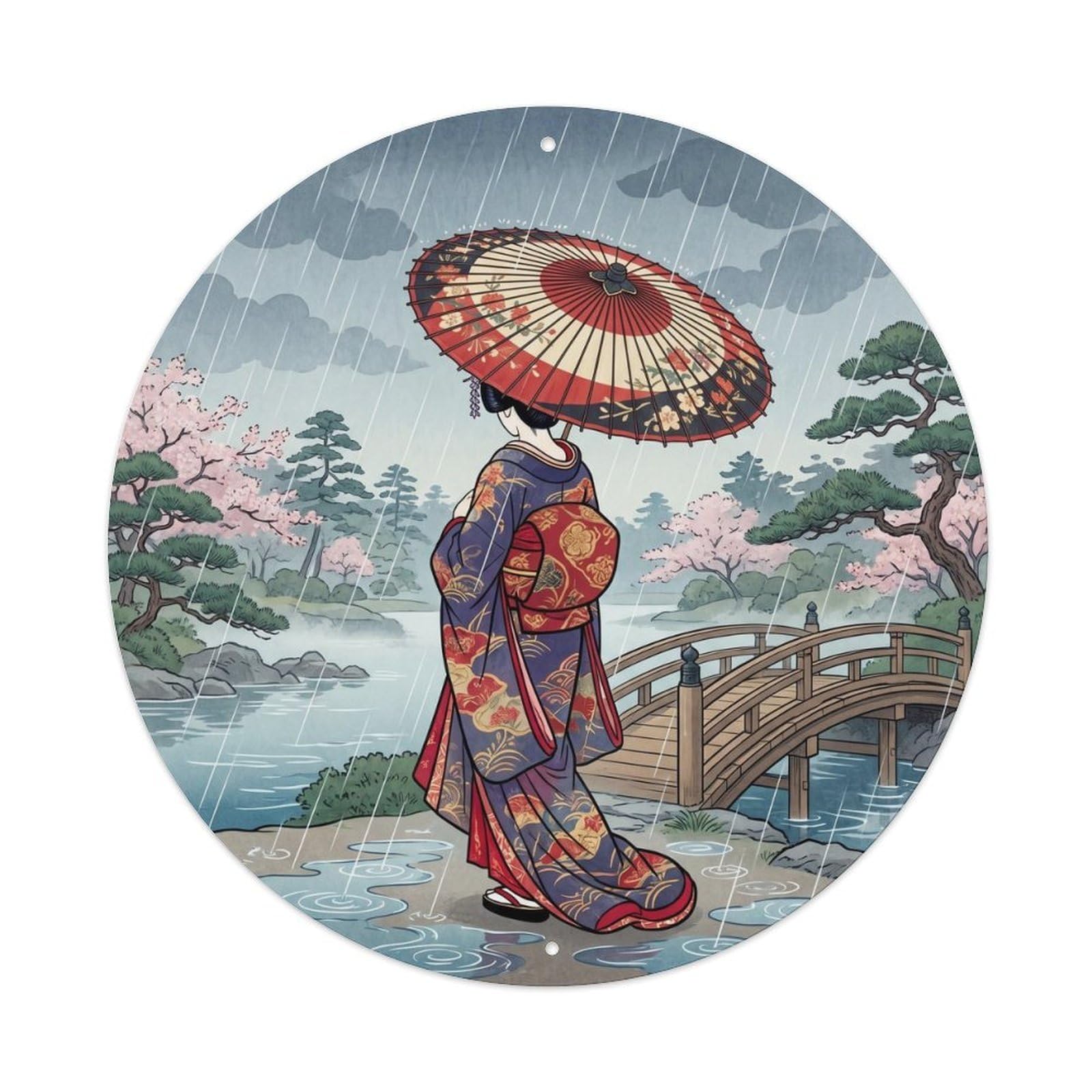 Galvaxio Style Japanese Kimono Woman Listening Rain With Contemplation Metal Tin Sign