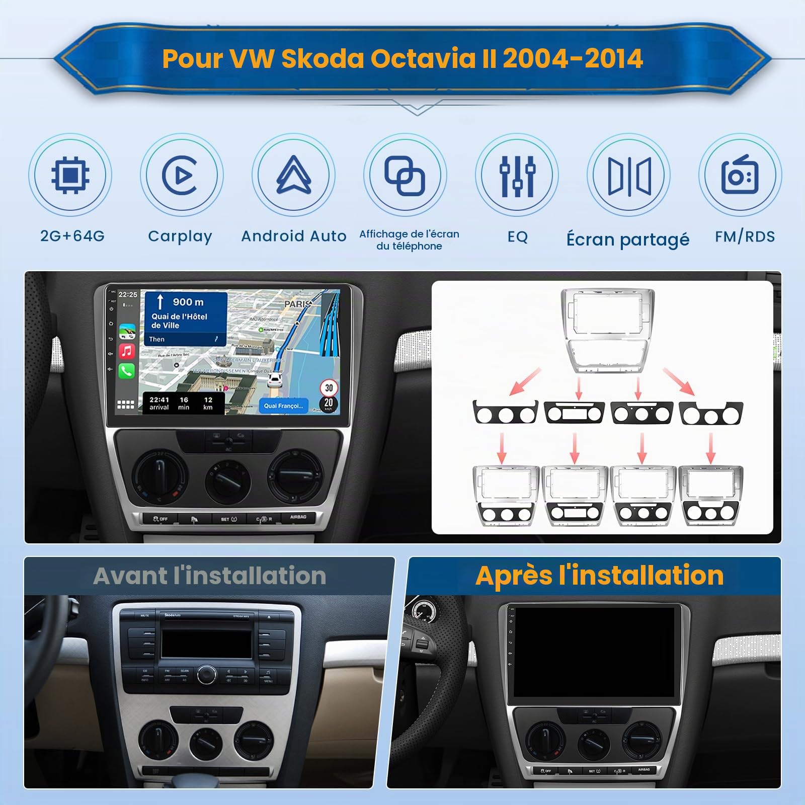 Inefala 2G+64G 10'' Autoradio Android 15 pour VW Skoda Octavia 2 2007-2013