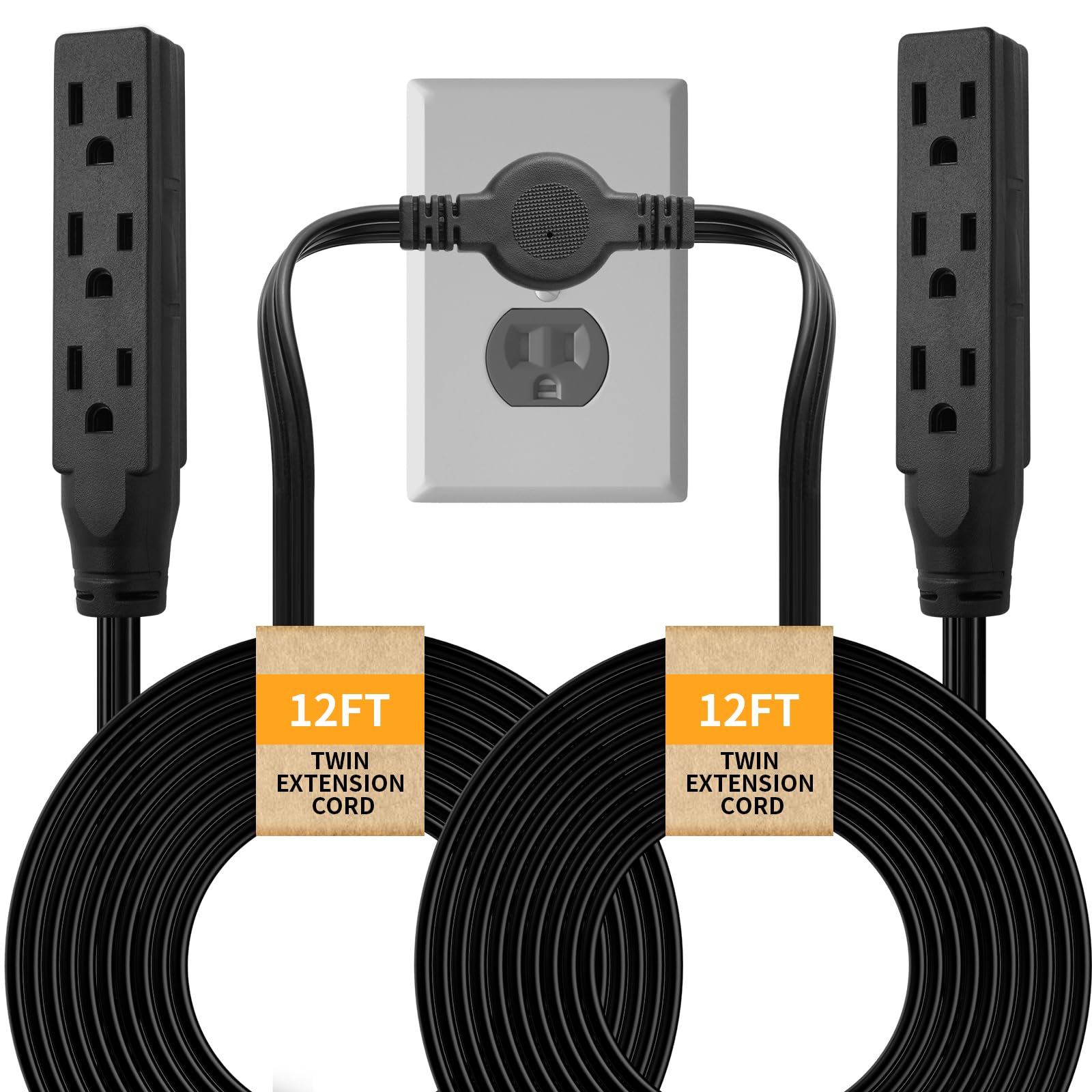 Makevivi Twin Extension Cord, 24 Ft Flat Wall Plug, 12 Feet on Each Side, 3 Prong Power Strip with 6 Outlets, Double Extension Cord Splitter for