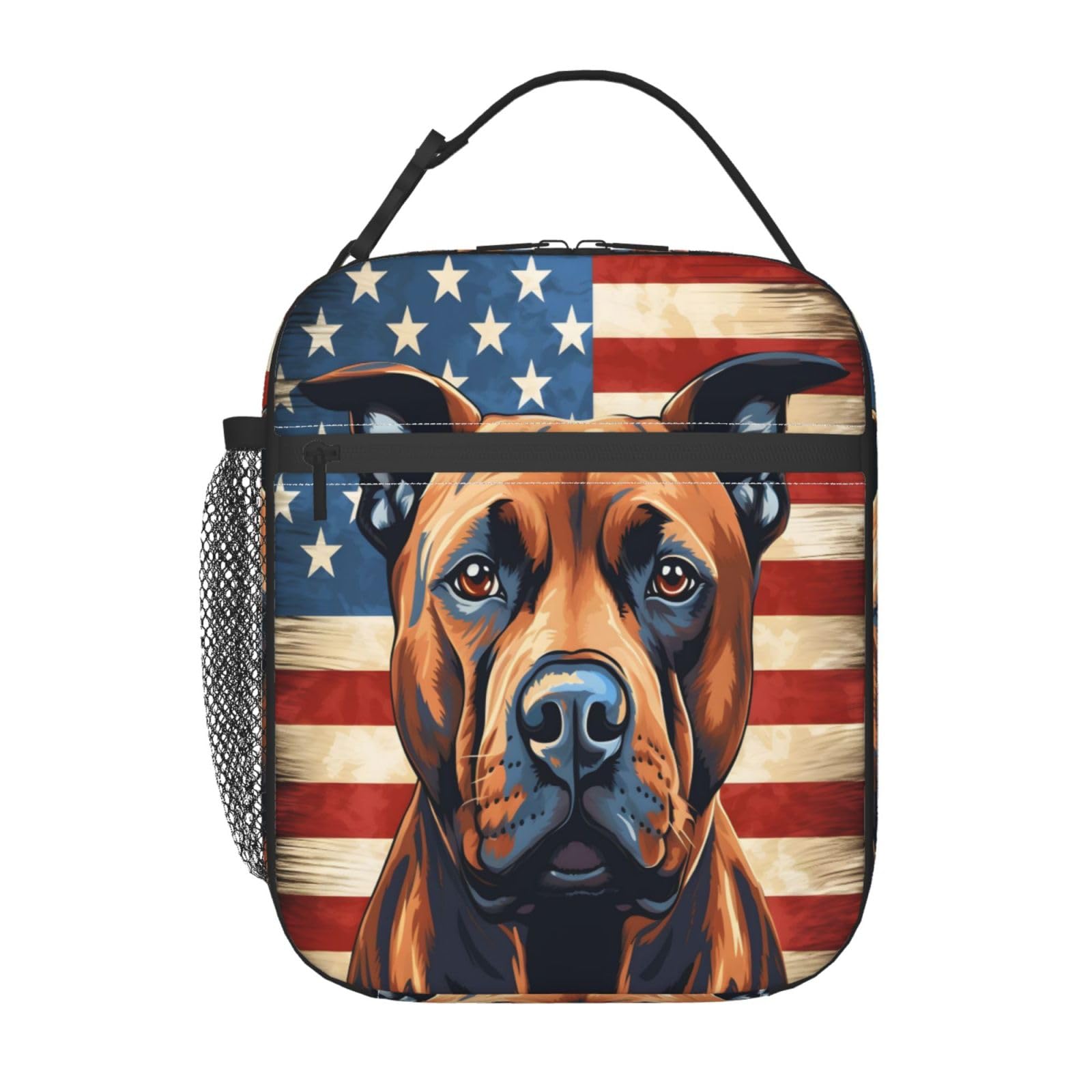 Staffordshire Bull Terrier Dog American Flag Lunch Bag Portable Insulated Lunch Tote Waterproof Reusable Lunchbox for Work Office Hiking Picnic Beach