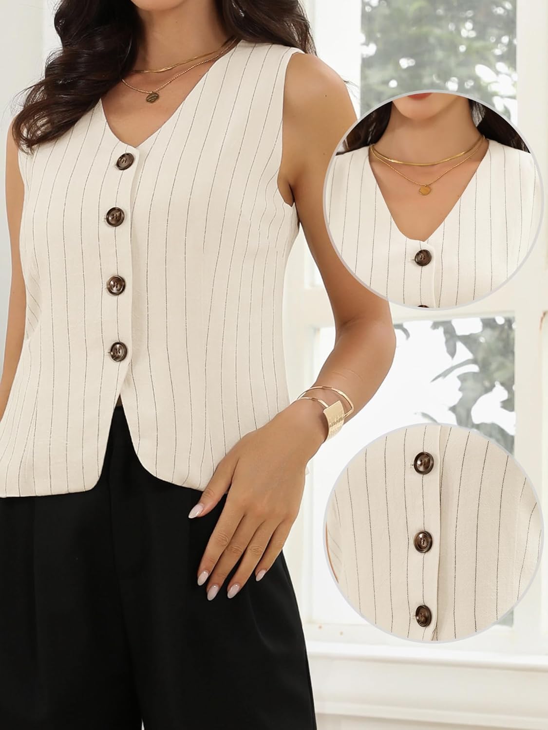 Allegra K Vest Tops for Women Striped Linen V Neck Sleeveless Button Down Waistcoat Business Casual Summer Crop Tops - Image 2