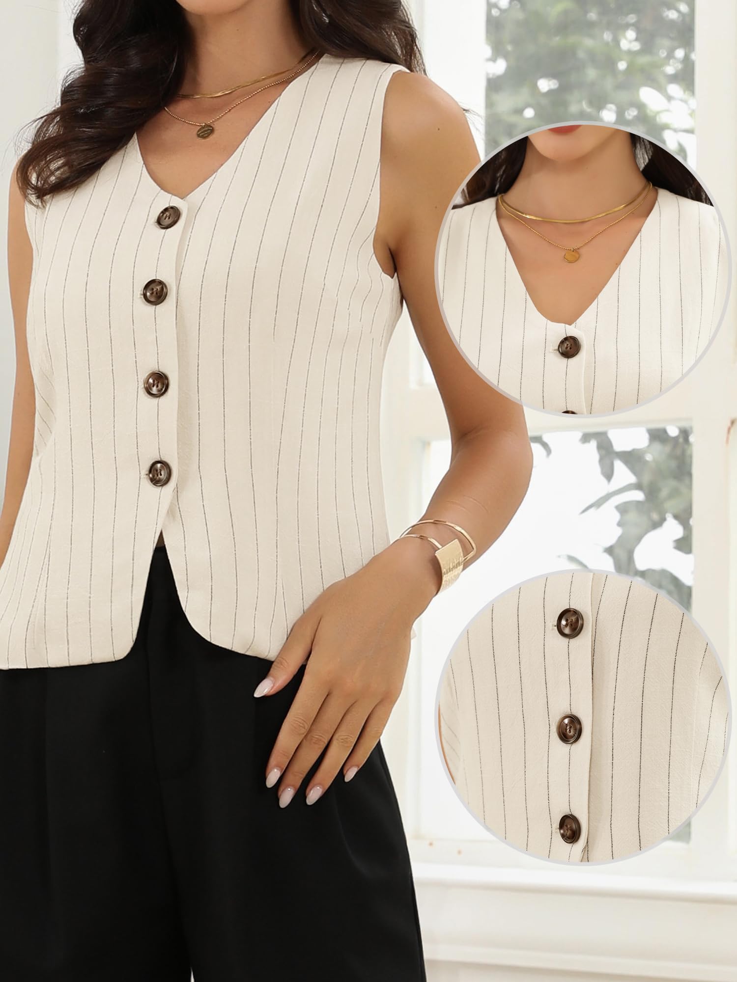 Allegra K Chaleco para Mujer Chaqueta sin Mangas a Rayas de Traje con Cuello en V y Un Botón Estilo Casual de Negocios
