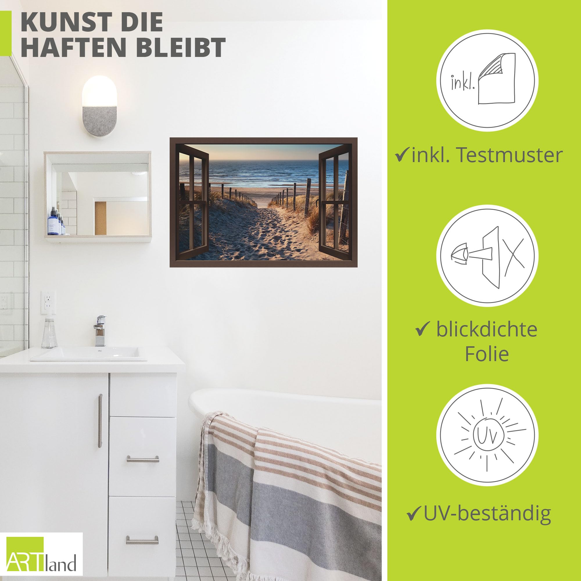 ARTland Wanddeko Wandtattoo selbstklebende Vinylfolie 130x90 cm Fensterblick Fenster Strand Düne Meer Maritim Landschaft Küste Natur T6BW