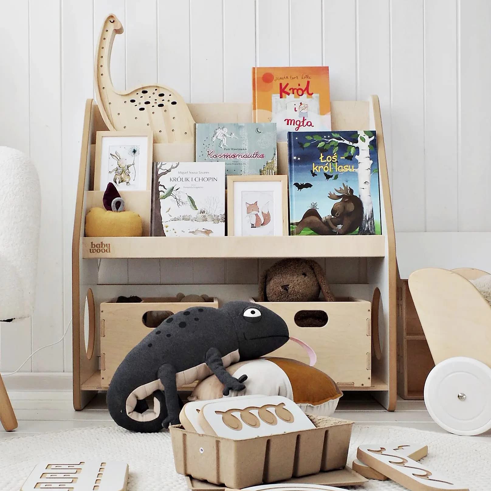 Babywood Bücherregal aus Holz für Kinder | Kinderregal mit 2 Spielzeugkisten | Montessori Kinderbücherregal | sicheres Bücherregaler | Bücherregal für das Kinderzimmer