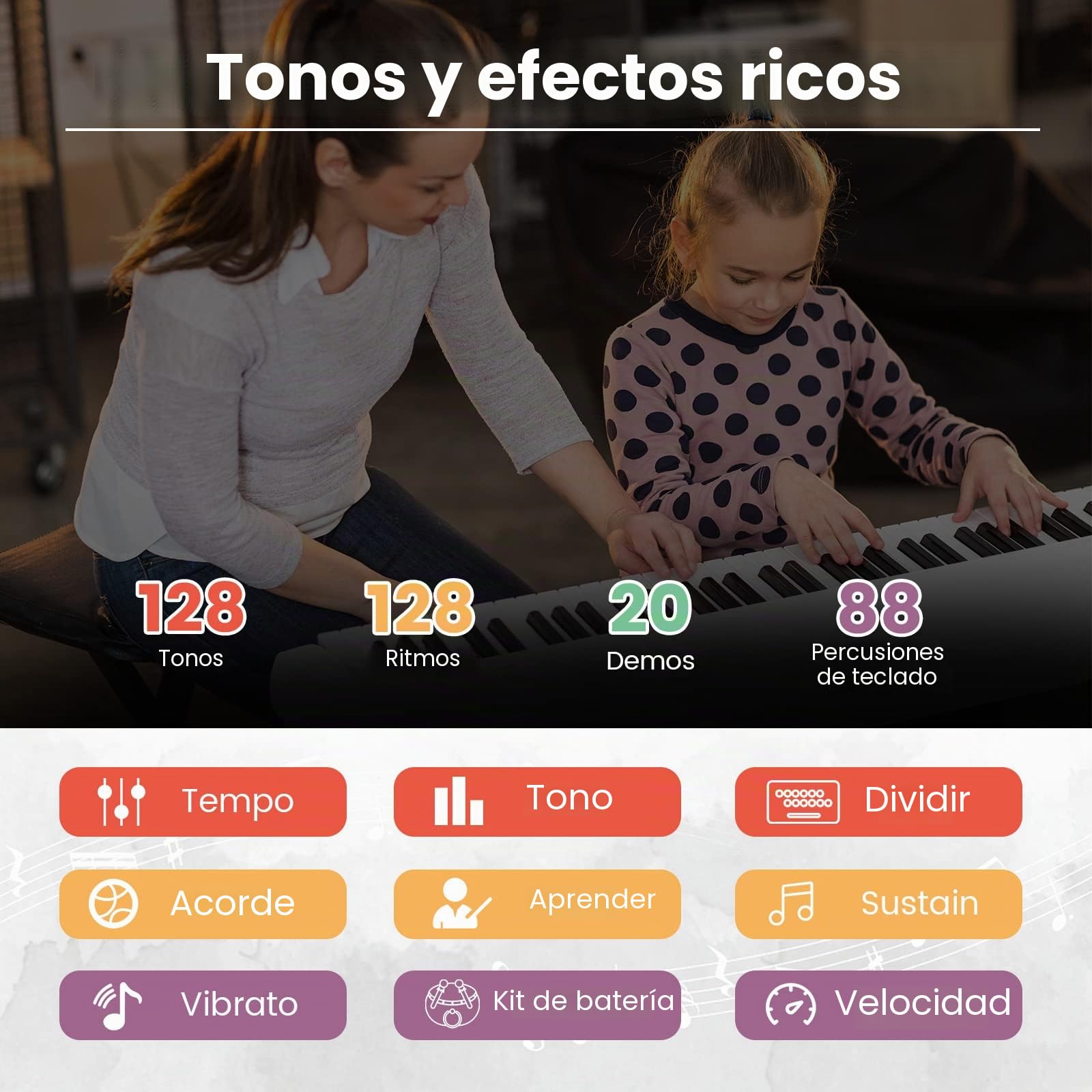RELAX4LIFE Teclado Electrónico Plegable con 88 Teclas, Piano Digital con Bolsa y Lectura, Pantalla LCD y Teclas Iluminadas LED, Piano Digital con 2 Modos de Enseñanza (Blanco)