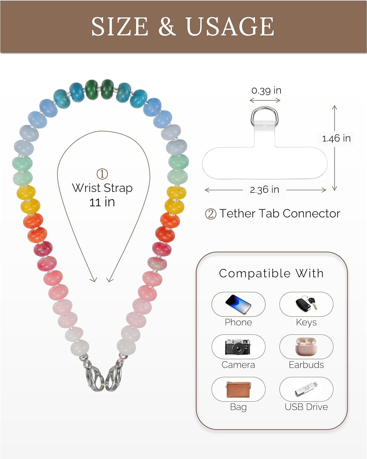 Rainbow Quartz Phone Charm Wrist Strap, Natural Stone Beaded Lanyard Wristlet Chain, Elegant Hands-Free Bracelet Strap for iPhone and More Phone Cases