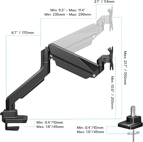 Miniatura 2 de ARES WING Brazo de monitor ultraancho, soporte de monitor único resistente para pantallas curvas de 13 a 49 pulgadas, soporte ajustable para