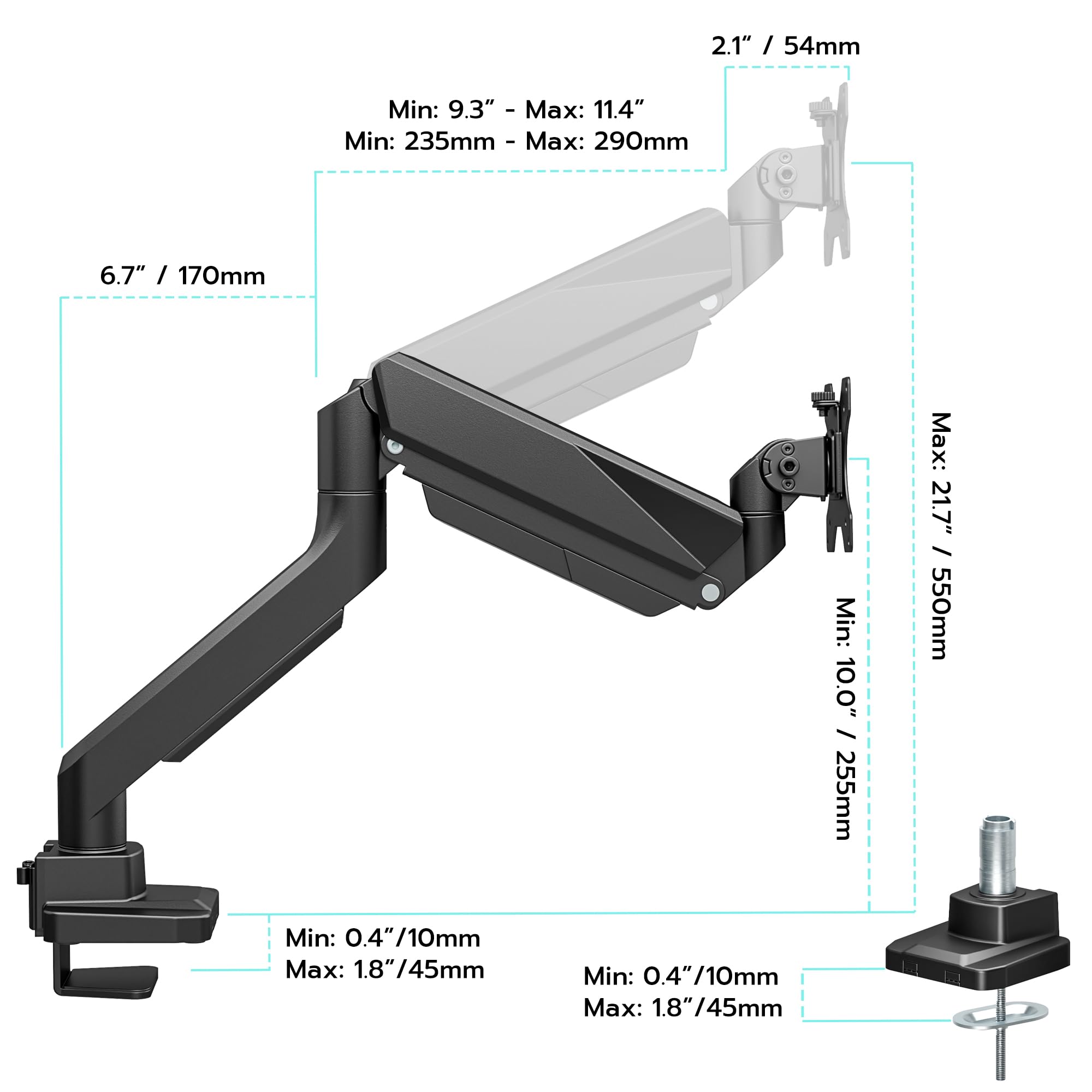 ARES WING Monitor Halterung für 17"-49" Flach Curved Bildschirm, Höhenverstellbar Bildschirmhalterung, Einzel Monitor Arm Traglast Max 18 kg, 75/100mm Vesa Halterung, Tischhalterung,Schwarz